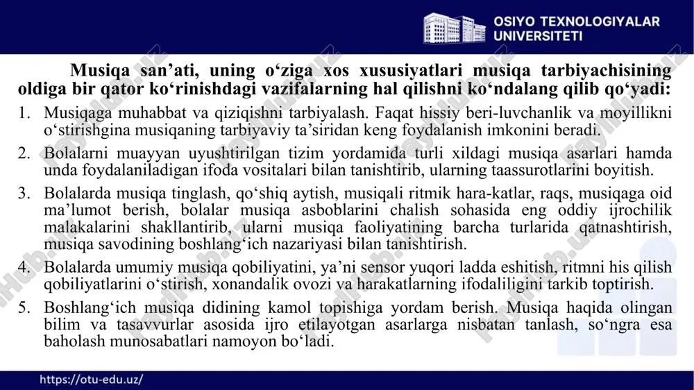 , «kuchli yomg‘ir yog‘moqda» urishini tinglaydilar, musiqa qattiq eshitilganda qo‘llarini ko‘rsatadilar, u past bo‘lganda, qo‘llarini bekitadilar, musiqa tovushiga muvofiq tarzda sekin yoki qattiq chapak chaladilar yuqorida qayd qilingan barcha topshiriqlar bola badiiy jihatdan rivojlanishining zaruriy bo‘g‘ini hisoblanuvchi musiqali sensor qobiliyatining izchil tarkib topishini ta’minlaydi. bu o‘rinda bir narsaga, ya’ni barcha topshiriqlar musiqa tovushi xususiyatlarining ifodali ahamiyati bolalar tomonidan to‘g‘ri idrok etiladigan qilib tuzilishi kerakligiga e’tibor berish lozim. ayrim musiqa faoliyati turlarining paydo bo‘lishi va qaror topishi ilk yoshlikdanoq boshlanadi. musiqani his etishning zaminlari bola hayotining dastlabki oylarida paydo bo‘lishini ko‘rsatadi. bola ma’lum yo‘g‘onlikdagi tovushlarni idrok qilar ekan, bunga hissiy javob qiladi. sezilarli jonlanadi, ya’ni jilmayadi, eng sodda qo‘shiq, kuylarni diqqat berib tinglaydi. bolaning musiqani idrok qilishi o‘z taraqqiyotida qator bosqichlardan o‘tadi. musiqa va shodlik kichkintoy ongida uzviy bog‘lanib ketadi. katta kishining kuylashi yoki musiqa asbobining chalinishi bir yoshli bolada u yoki bu darajada ifodalangan umumiy shodlik holatini keltirib chiqaradi. bir …