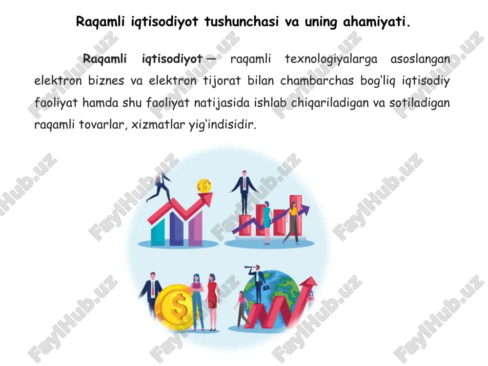 sh. “raqamli o‘zbekiston - 2030” strategiyasi haqida raqamli kommunikatsiya – raqamli ma’lumotlarni uzatishning va ularga ishlov berishni ta’minlaydigan axborot tarmog‘ining o‘zagi. raqamli iqtisodiyot - raqamli texnologiyalar va kommunikatsiyalar yordamida olib borilayotgan iqtisodiyot. “raqamli o‘zbekiston—2030 strategiyasi” elektron hukumat tizimini takomillashtirish, dasturiy mahsulotlar va axborot texnologiyalarining mahalliy bozorini yanada rivojlantirish; respublikaning barcha hududlarida it-parklarni tashkil etish; yurtimizda raqamli iqtisodiyotni faol rivojlantirish uchun davlat boshqaruvi, ta’lim, sog‘liqni saqlash va qishloq xo‘jaligida zamonaviy axborot-kommunikatsiya texnologiyalarini keng joriy etish bo‘yicha kompleks chora-tadbirlar amalga oshirilmoqda; it sohasini malakali kadrlar bilan ta’minlashni ko‘zda tutuvchi 220 dan ortiq ustuvor loyihalarni amalga oshirish boshlangan;. 40 dan ortiq axborot tizimlari bilan integratsiyalashgan geoportalni ishga tushirish; ijtimoiy sohani raqamlashtirish va keyinchalik ushbu tajribani boshqa hududlarda joriy qilishni nazarda tutuvchi “raqamli toshkent” kompleks dasturi amalga oshirilmoqda. jamoat transporti va kommunal infratuzilmani boshqarishning axborot tizimini yaratish; mamlakatimizda raqamli iqtisodiyotni yanada rivojlantirish uchun, o‘zbekiston respublikasi prezidentining 2020-yil 28-apreldagi «raqamli iqtisodiyot va elektron hukumatni keng …
