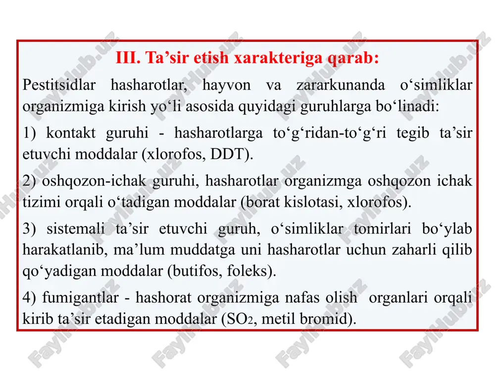 g ishqordagi rezorsin fenilgidrazin o-tolidin va aseton xlorofos 0.25- qizil - sariq olov rang ddvf 0.4-0.7 qizil qo‘ng‘ir-g‘isht rang sariq olov rang di-xlorsirka aldegidi 0.4-0.6 qizil qo‘ng‘ir-g‘isht rang xlororganik zaharli kimyoviy moddalar bulardan ddt, geksaxloran va polixlorsiklodien hosilalari amaliy hamda toksikologik ahamiyatga ega. ddt guruhiga ddt (dixlordifeniltrixlormetilmetan), metoksixlor, pertan, ddd (dixlordifenildixlormetilmetan) moddalari kiradi. geksaxloran guruhiga: geksaxlorsiklogeksan. polixlorsiklodienlar guruhiga: geptaxlor, aldrin kabi moddalar kiradi. toksikologik ahamiyati. qishloq xo‘jaligida insektitsid sifatida va boshqa zararkunandalarga qarshi keng qo‘llanillanadi. bu maqsadlarda ular dust yoki yog‘dagi eritmalari holida ishlatiladi. yog‘dagi eritmalari ayniqsa zaharlidir, chunki bunday eritmalar organizmga juda tez shimiladi va o‘zining salbiy ta’sirini ko‘rsatadi. ayniqsa buyrak, yog‘ to‘qimalari va suyak iligi juda yaxshi o‘zlashtiradi, hamda organizmdan juda sekin chiqariladi. xlororganik zaharli kimyoviy moddalar organizmda sekin metabolitik o‘zgarishlarga uchraydi va chiqariladi. masalan: ddt dan kam zaharli dixlordifenilsirka kislotasi hosil bo‘ladi. geptaxlordan esa oksidlanish mahsuli geptaxlor epoksidi, yana ham kuchli zaharli modda hosil bo‘ladi. xop larning …