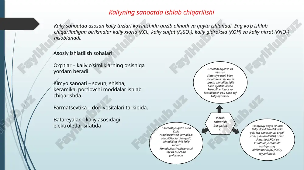 oriy metallar bilan reaksiyalari ba’zan koh kuchli ishqoriy muhitda boshqa gidroksidlar bilan ion almashish reaksiyasiga kirishishi mu masalan:koh + nacl=naoh + kcl bu usul laboratoriyada sof naoh olish uchun ishlatilishi mumkin. kaliy gidroksid turli moddalar bilan faol reaksiyaga kirishadi va sanoatda ham, laboratoriyalarda ham keng qo‘llaniladi. u kislotalar bilan neytrallash reaksiya beradi, metall tuzlaridan gidroksid cho‘kindilarini hosil qiladi, kislotali oksidlar bilan tuzlar hosil qiladi va yog‘larni sovunga aylantirishda ishlatiladi. kaliy gidroksidning sanoatda ishlab chiqarilishi 1.kaliy gidroksid (koh) sanoatda asosan quyidagi usullar orqali ishlab chiqariladi: elektroliz usuli(asosiy usul) 2.reaksiya tenglamasi: 2kcl + 2h2o elektroliz 2koh + cl2 + h2 1.bu usulda kaliy xlorid (kcl) eritmasi elektroliz qilinadi. natijada koh, xlor (cl₂) va vodorod (h₂) hosil bo‘ladi 3.ushbu usulda koh suvli eritma shaklida olinadi, so‘ngra suvsiz koh olish uchun eritma bug‘latiladi. 2. kaliy karbonatdan ishlab chiqarish: kaliy karbonat (k2co3) va kalsiy gidroksid (ca(oh)2) o‘zaro reaksiyaga kirishadi: reaksiya tenglamasi: k2co3 + ca(oh)2=2koh + …