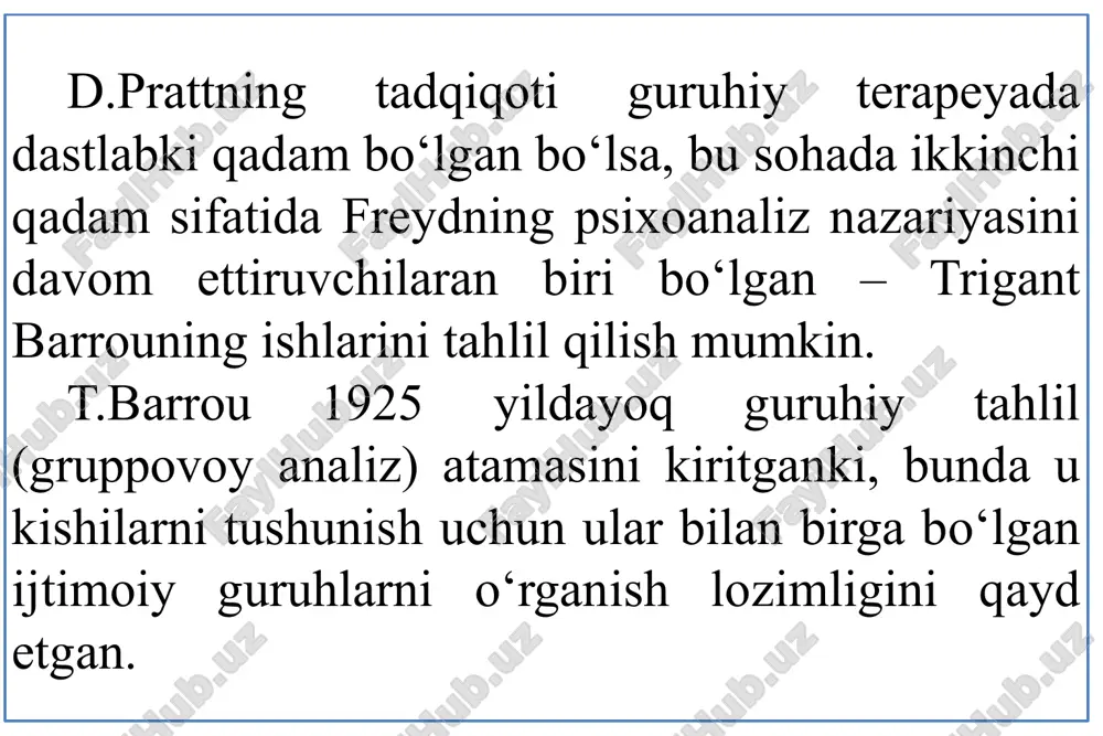 n nashr etilgan bo‘lib unda ijtimoiy-psixologik treningni nazariy va uslubiy aspektlari yoritib berilgan. keyinchalik bu ishlar asta-sekin rivojlana bordi. xx asr oxiri va xxi asr boshlariga kelib rus psixologiyasida psixologik treninglar muammosi shitob bilan rivojlanishini kuzatish mumkin. bu borada rus psixologlaridan bir qancha olimlar ish olib borgan. 1937-2006 larísa andréevna petróvskaya 16 rossiyadagi ijtimoiy-psixologik treningning nazariy va metodik jixatlariga bag‘ishlangan qo‘llanmalardan dastlabkisi 1982 yilda l.a.petrovskaya tomonidan ommaga taqdim etilgan. bugungi kunda bu qo‘llanmada berilgan metodlar bolalar, ota-onalar, ijtimoiy guruhlar (ish jarayonida insonlar bilan muloqotga kiruvchilar), tashkilot rahbarlari bilan ishlashda, ya’ni yuqorida sanalgan guruhlar bilan treninglar tashkil qilishda, ishni olib borishda faol qo‘llanilib kelinmoqda. 17 mamlakatimizda ham psixologiya sohasining bir yo‘nalishi sifatida psixologik treninglar keyingi yillarda anchagina rivojlanayotganligini ko‘rish mumkin. v.karimova, t.m.adizova, f.akramova kabilarning ishlarida bu sohaga tegishli ma’lumotlarning yoritilganligini ko‘rish mumkin. 18 e’tiboringiz uchun rahmat! 19 image1.jpeg image2.jpeg image3.jpeg image4.png image5.jpeg image6.jpeg image7.jpeg image8.jpeg image9.jpeg image10.jpeg image11.jpeg image12.jpeg image13.jpeg image14.jpeg …