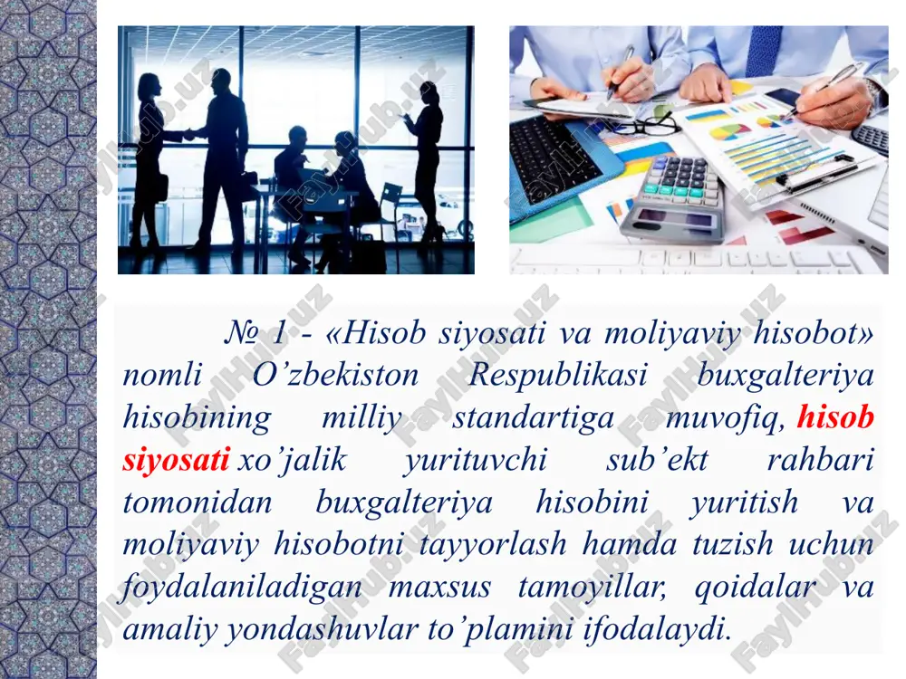 agrammi i tablitsi podpisyami. 10 hisob siyosatini shakllantirishda tanlab olinadigan, o’tgan yilgidan farq qiladigan buxgalteriya hisobini yuritish usullari; hisobot yilida yoki hisobot yilidan keyingi davrlarda buxgalteriya hisobotlaridan foydalanuvchilarning baholash va qaror qabul qilishiga sezilarli darajada ta’sir ko’rsatadigan hisob siyosatidagi o’zgarishlar; hisobot sanasidan keyin sodir bo’lgan hodisalar va xo’-jalik faoliyatining shartli faktlari, muomalalarni to’xtatish, bitta aksiyaga yoki 1 so’mlik payga to’g’ri keladigan foyda. № hujjat nomi mazmuni 1 2 3 1 hisob siyosati to’g’risida buyruq muayyan korxonada buxgalteriya hisobini tashkil etish va yuritish tartibini belgilaydi 2 ishchi scho’tlar rejasi mazkur korxonada buxgalteriya hisobini yuritish uchun 3 dastlabki hujjatlarning shakllari namunaviy shakli mavjud bo’lmagan xo’jalik muomalalarini rasmiylashirish uchun 4 ichki hisobot shakllari buxgalteriya boshqaruv hisobi tizimida qo’llaniladi 5 hujjatlar aylanish grafigi buxgalteriya va boshqa bo’linmalar ishini muvifiqlashtirish, hisobotlarni o’z vaqtida taqdim etishni ta’minlaydi 6 inventarizatsiya grafigi inventarizatsiya o’tkazish tartibi, shakllari va muddatlarini belgilaydi 7 hisobot topshirish rejasi bunda ichki va tashqi hisobot …