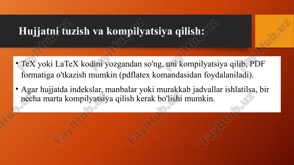 ida, loyihaning rivojlanishi bilan bog'langan paketlar soni ortadi. texmaker ni ishga tushirib, dastur interfeysini matn va buyruqlar maydoniga quyidagini teramiz: \documentclass{article} \usepackage[cp1251]{inputenc} %% 1 \usepackage[t2a]{fontenc} %% 2 \usepackage[russian]{babel} %% 3 \begin{document} xoldorov \end{document} ekran quydagicha ko‘rinishga ega bo‘ladi: tizimda dasturni kompanovka qilish uchun, uni biror nom bilan fayl sifatida saqlab oling. buning uchun instrumentlardan “saxranit kak..” instrumentini tanlab bosing va faylga nom bering: berilgan nom interfeys yuqorisida .tex kengaytmasi bilan xosil bo‘ladi kiritilgan matnni kompanovka qilish uchun interfeysni quyidagi instrumentini sichqoncha yordamida bosing: interfeys kompanovkasini borishini ko‘rsatuvchi maydonda kiritilgan komandalar va matnlarni kompanovkalash(mashina tiliga o‘tkazish jarayoni) namayon bo‘ladi. agar xatolik kuzatilsa bu xaqida qizil yozuvlar bilan xatolik sababi va xatolik kuzatilgan qator ko‘rsatiladi matnni quydagicha o‘zgartirish: \documentclass{article} \usepackage[cp1251]{inputenc} %% 1 \usepackage[t2a]{fontenc} %% 2 \usepackage[russian]{babel} %% 3 \begin{document} salimov prishel segodnya \end{document} matnni quydagicha o‘zgartirish: \documentclass{article} \usepackage[cp1251]{inputenc} %% 1 \usepackage[t2a]{fontenc} %% 2 \usepackage[russian]{babel} %% 3 \begin{document} komiljon ishga kelib 10-30 da …