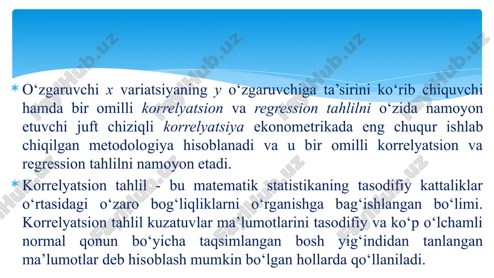 layotgan ko‘rsatkuichlar birliklarining bir-biridan farq qilishi tufayli parametrdan omilning natijaviy omil belgiga ta’sirini bevosita baholash uchun foydalanib bo‘lmaydi. ushbu maqsadlarda elastiklik koeffitsiyenti va beta-koeffisiyent hisoblab chiqiladi. tuman oziq ovqat tovarlariga qilingan sarf, umumiy sarfga nisbatan, %, y bitta ishlovchining kunlik ish haqi, ming so'm, x andijon 68,8 45,1 baliqchi 61,2 59,0 asaka 59,9 57,2 shaxrixon 56,7 61,8 paxtaobod 55,0 58,8 bo'z 54,3 47,2 ulig'nor 49,3 55,2 misol. y x yx x2 y2 1 68,8 45,1 3102,88 2034,01 4733,44 2 61,2 59,0 3610,80 3481,00 3745,44 3 59,9 57,2 3426,28 3271,84 3588,01 4 56,7 61,8 3504,06 3819,24 3214,89 5 55,0 58,8 3234,00 3457,44 3025,00 6 54,3 47,2 2562,96 2227,84 2948,49 7 49,3 55,2 2721,36 3047,04 2430,49 jami 405,2 384,3 22162,34 21338,41 23685,76 o'rtacha qiymat 57,89 54,90 3166,05 3048,34 3383,68 -chiziqli regressiya tenglamasi demak bitta ishlovchining kunlik ish haqi 1% ga oshganda umumiy sarfga nisbatan oziq ovqat tovarlariga qilingan sarf 0,33% ga kamayadi. …