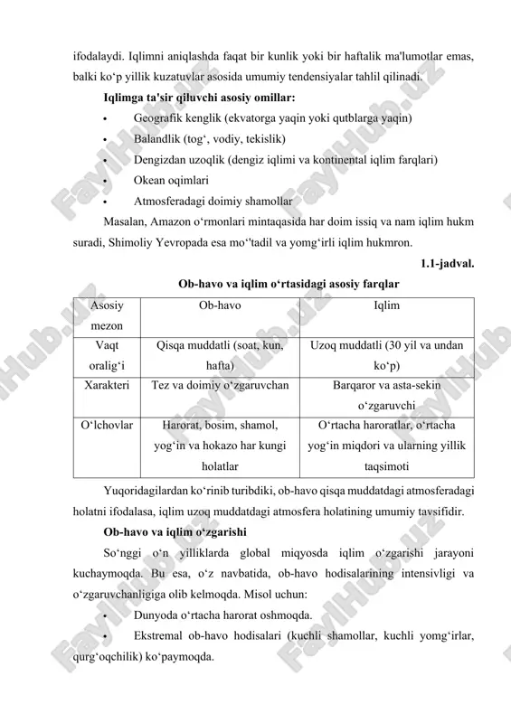 1. yuzaga o‘rnatilgan meteorologik stansiyalar meteorologik stansiyalar atmosferaning asosiy parametrlarini (harorat, bosim, namlik, shamol tezligi va yo‘nalishi, yog‘in miqdori) muntazam o‘lchaydi. stansiyalar ikki xil bo‘ladi: · avtomatlashtirilgan stansiyalar — doimiy ravishda real vaqtda ma'lumot yuboradi. · qo‘lda boshqariladigan stansiyalar — mutaxassislar tomonidan belgilangan vaqtlarda o‘lchovlar olinadi. 2. radiosondalar (havo sharlarida o‘rnatilgan asboblar) maxsus havo sharlari yordamida radiosondalar atmosferaning yuqori qatlamlarida (20–30 km balandlikka qadar) harorat, namlik, bosim va shamol tezligi haqida ma'lumot to‘playdi. kuniga dunyo bo‘yicha minglab radiosonda uchirishlar amalga oshiriladi. 3. radar tizimlari meteorologik radarlar yomg‘ir, qor va do‘l to‘plarini aniqlash, ularning zichligini va harakatini kuzatish imkonini beradi. radarlar ob-havo hodisalarining shakllanishi va rivojlanishini o‘z vaqtida aniqlab, qisqa muddatli (soatlik) prognozlar qilishda qo‘l keladi. 4. sun'iy yo‘ldoshlar meteorologiyada eng muhim texnologiyalardan biri sun'iy yo‘ldoshlar orqali ob-havoni kuzatishdir. sun’iy yo‘ldoshlar: · bulut qoplamlarini, shamol harakatlarini, harorat taqsimotini tasvirga oladi. · yog‘in, qurg‘oqchilik va dovul hodisalarini aniqlash imkonini beradi. · okean …
