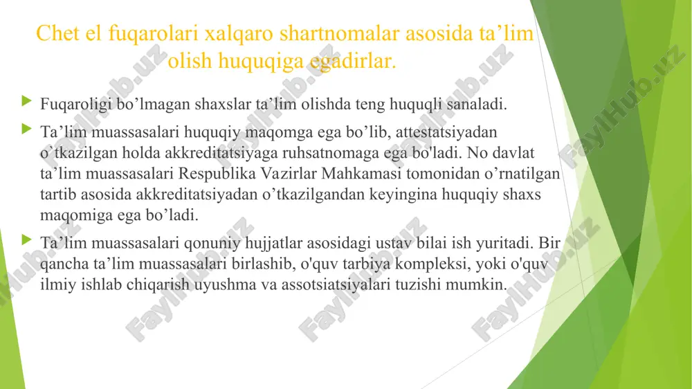 ab ta’limiga tayyorlash 3 bosqichda amalga oshiriladi. 1. bolalarni nutqini rivojlantirish. 2. jismonan rivojlantirish. 3. ma’nan rivojlantirish. * ta’lim sohasidagi xizmatchilar quyidagicha himoyalanadi: qisqartirilgan ish vaqti, o'quv yili so'ngida uzaytirilgan mehnat ta`tili, qonun asosidagi imtiyozlar (energiya vositalariga 50% ham to`lash, turar joylarni xususiylashtirish va x.k.) xizmatchini rag’batlantirish uchun imkoniyat darajasida qo'shimcha ish haqi to`lash mumkin. yetim va qarovsiz qolgan bolalar to`la davlat hisobidan ta’lim -tarbiya olish huquqiga egadirlar. jismoniy va ruhiy kamoloti izdan chiqqan yoshlarni tarbiyalash uchun maxsus o'quv muassasalari tashkil etiladi. ularga qabul qilish va qaytarish maxsus ruhiy tibbiy pedagogik komissiya tomonidanyo'lga qo'yiladi. maxsus o'quv muassasalari qisman yoki to'la davlat ta’liminotida bo'ladi ta’lim tizimini boshqarish: o’zbekistan respubyankasi vazirlar maxkamasi ta’lim sohasidagi yaxlit davlat siyosatini amalga oshiradi. ta’limga rahbarlik qiluvchi davlat tashkilotlarini boshqaradi. ta’lim rivojlantirishning dasturlarini ishlab chiqadi va amalga tadbiq etadi. ta’lim muassasalarini ochish, o'zgartirish va yopishning tartibini ishlab chiqadi va bajaradi. ta’lim-tarbiya muassasalari va ilmiy kadrlarni attestatsiya va …