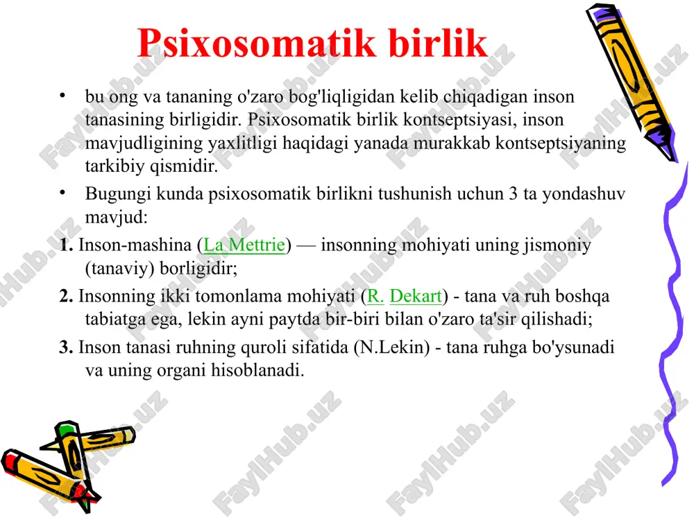 da patalogiyaning ikki turi ajratiladi tug’ma patalogiya- nasldan- naslga o’tuvchi irsiy belgilarning nuqsonlari, irsiy kasalliklar, to’g’ma patalogiyalar diyiladi. masalan: daun sindromi, oligafriniya, shizafriniya va h.k. orttirilgan patalogiyalar- nosog’lom turmush tarzi va jismoniy travmalar orqali kelib chiqadigan ruxiy buzulishlar. masalan: nevroz, nevroastiniya, organik psixapatiya, va h.k * patalogiyalarda iroda protseslari iroda borliqni aks ettirish, faoliyatni muayyan yo’nalishda tashkil qilish, muammolar yechimini topish yuzasidan ma’lum bir qarorga kelish, uni amalga oshirish jarayonida qiyinchiliklarni yengish harakatlar yordami bilan ro’yobga chiqadi. turli ehtiyojlar (shaxsiy, jamoaviy, tabiiy, madaniy, moddiy, ma’naviy) tufayli vujudga keladigan maqsadga yo’nalganlik xususiyatini kasb etadigan shaxsning faolligi o’zining tuzilishi, shakli, rang-barang bo’lgan xatti-harakatlar va sa’y-harakatlar yordami bilan tabiat, jamiyat tarkiblarini maqsadga muvofiq qayta quradi, takomillashtiradi, ezgu niyatga xizmat qildirishga bo’ysundiradi. ehtiyoj, motiv, qiziqish, anglashilmagan, anglashilgan mayllar negizidan kelib chiqadigan barcha ko’rinishdagi harakatlar, o’zlarining yuzaga kelishiga qarab ixtiyorsiz va ixtiyoriy turkumlarga ajratiladi. * irodaviy aktning psixologik tuzilishi quyidagi ko`rinishga ega: - harakatni vujudga …