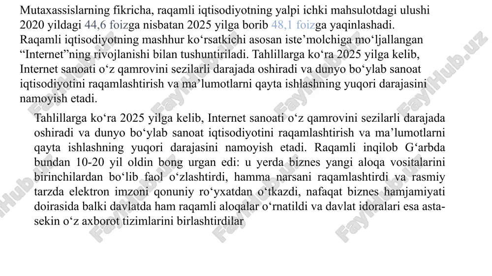 ar ekan, kiber jinoyatchilarning korporativ tarmoqlarga kirib borishi kuchayadi. foydalanuvchilarning shaxsiy ma'lumotlarining tarqalishi kompaniyalar aktsiyalari narxiga salbiy ta'sir ko'rsatmoqda. buni sony pictures, talktalk, target va barclays-dagi voqealar tasdiqlaydi. kompaniyalar xavfsizlik va ma'lumotlarni himoya qilish tizimlariga sarmoya kiritishga majbur. bank of america merrill lynch, kiberxavfsizlik bozori 2015 yildagi 75 milliard dollardan 2021 yilda 170 milliard dollargacha o'sishini taxmin qilmoqda. raqamlashtirish iste'molchining mavqeini mustahkamlab, shaffoflikni ta'minlaydi. onlayn gipermarketda siz turli ishlab chiqaruvchilarning tovarlari va xizmatlari narxlarini taqqoslashingiz mumkin. sichqoncha yoki barmoq harakati bilan bitta chertish - va tanlov amalga oshiriladi. brendga sodiqlik birinchi o'rinda turadi, uni engish oson va yo'qotish oson. innovatsion tartibga solish. raqamli iqtisodiyotning asosiy yo'nalishlari: 5g aloqa, tijoriy dronlar, buyumlar interneti, raqamli sog'liq va boshqalar. ushbu sohalarda xalqaro standartlarni o'rnatgan davlatlar katta iqtisodiy va moliyaviy imtiyozlarga ega bo'ladilar. o'zlarining me'yorlari va qoidalarini targ'ib qiladigan, milliy ishlab chiqaruvchilarga ustunlik beradigan davlatlar, xalqaro me'yorlardan ajralib qolish va ortda qolish xavfini engib …