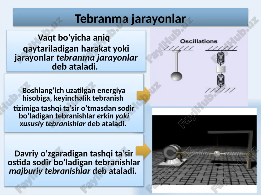 n elastik deformatsiyalarning harakteriga qarab to‘lqinlarni quyidagi turlarga ajratish mumkin : bo‘ylama to‘lqinlar – muhitning zarrachalari to‘lqin tarqalish yo‘nalishi bo‘ylab tebranadi . bo‘ylama to‘lqinlarning tarqalishi elastik muhitning siqilish va cho‘zilish deformatsiyalariga bog‘liq va barcha muhitlarda : suyuqlik , qattiq jism va gazlarda sodir bo‘ladi ; ko‘ndalang to‘lqinlar – muhit zarrachalari to‘lqin tarqalish yo‘nalishiga perpendikulyar yo‘nalishda tebranadilar . ko‘ndalang to‘lqinning tarqalishi siljish deformatsiyasiga bog‘liq bo‘ladi va u faqat qattiq jismlarda kuzatiladi . bo‘ylama to‘lqinlarning tarqalish tezligi v b = 𝑬 𝝆 dan iborat . bu erda e – yung moduli; ρ – elastik muhitning zichligi . ko‘ndalang to‘lqinning tarqalish tezligi v k = 𝑮 𝝆 dan iborat . bu erda g – siljish moduli. yung moduli siljish modulidan katta bo‘lgani uchun ( e > g ) , bo‘ylama to‘lqin tezligi ko‘ndalang to‘lqin tezligidan kattadir : v b > v k . nazorat savollari . tebranishlar deb nimaga aytiladi ? to‘lqinlar haqida …