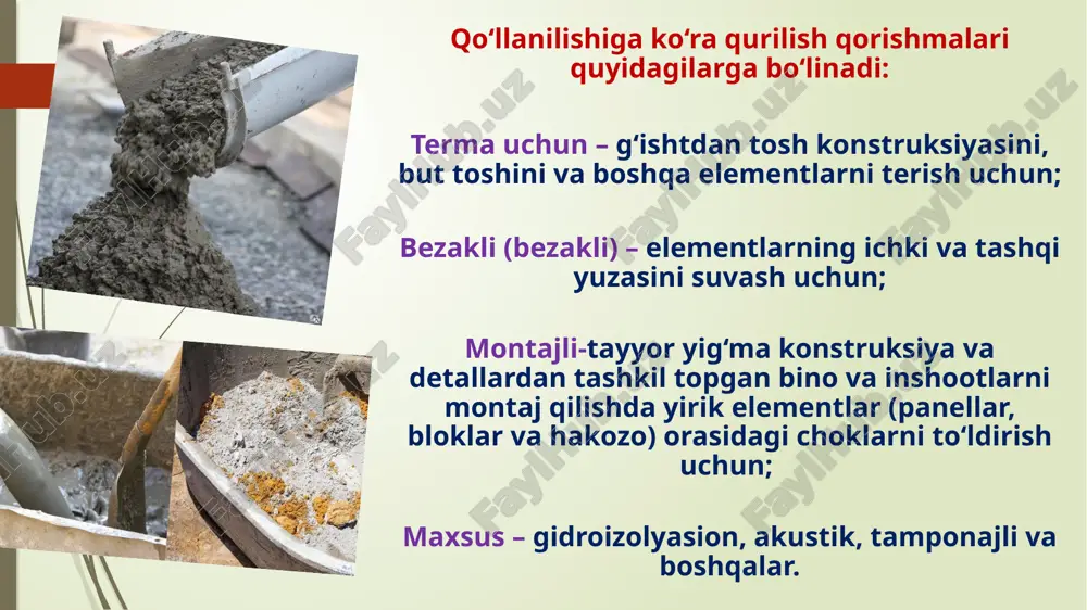 shmalarini ishlab chiqarish dolzarb muammo hisoblanadi. sement asosli kafel kleyda foydalanilgan to‘ldiruvchilar taxlili nomi qum qazib olingan kon joyi qumning tasnifi donadorlik modeli namligi, %: xajmiy massasi, kg/m3 mikrokalsit samarqand viloyati urgut tumani tabiiy maydalangan, elangan fraksiyalangan. karbonat tog‘ jinsi o‘rtacha (sredniy) 0,18 1410 kvars qumi toshkent viloyati chirchiq tumani tabiiy elangan mayin (melkiy) 0,53 1355 kvars barxan qumi navoiy viloyati karmana tumani tabiiy elangan juda mayin (ochen melkiy) 0,48 1380 to‘ldiruvchilar (qumlar)dan foydalanib tayyorlangan kafel kleylarning mustaxkamligiga ta’sirini tahliliy jadvali. nomlanishi miqdori, nisbati, %: mustaxkamligi, siqish kuchi bo’yicha, mpa: mustaxkamligi, yopishish kuchi bo’yicha, mpa: mikrokalsit qumli quruq aralashma 61,5 12,05 0,76 may kvars qumli quruq aralashma 61,5 7,3 0,32 karmana barxan kvars qumli quruq aralashma 61,5 8,1 0,51 sement asosli kafel kley quruq qurilish aralashmalari ishlab chiqarish uchun ishlatilgan xomashyolar kimyoviy tarkibi № material oksidlar tarkibi, massa % sio2 a12o3 fe2o3 sao mgo so3 r2o kuydirilgandagi yo’qotish jami 1. …