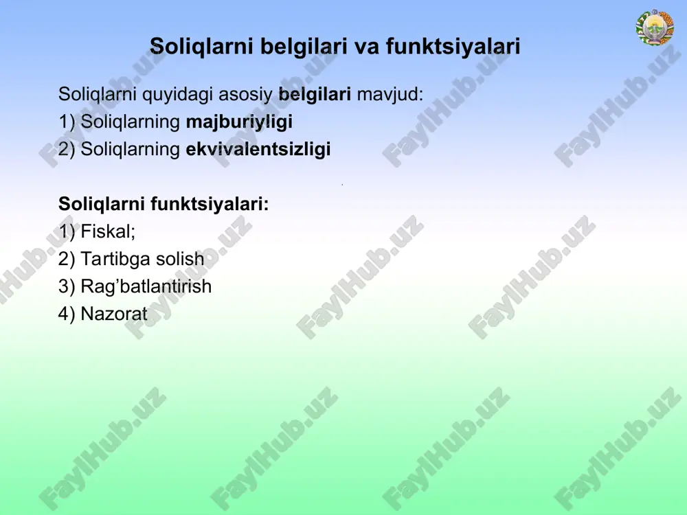 tiladi. soliqlarni bunday tartibda guruhlash davlat hokimiyati organlarining markaziy va mahalliyga bo’linishi hamda davlat byudjetining respublika va mahalliy byudjetlarga ajratilishi bilan belgilanadi. shundan kelib chiqib, respublika byudjetga tushishi belgilangan soliqlar va majburiy to’lovlarni umumdavlat, mahaliy byudjetlarga tushishi belgilangan soliqlar va majburiy to’lovlarni esa mahalliyga ajratish mezoni belgilangan. soliqlarni byudjetga tushishiga ko’ra guruhlanishi (o’zr sk 23-modda) umumdavlat soliqlari va majburiy to’lovlari mahalliy soliqlar va majburiy to’lovlar - mol-mulk solig’i; - yer solig’i; - obodonlashtirish va ijtimoiy infratuzilmani rivojlantirish solig’i; - transport vositalariga benzin, dizel yoqilg’isi va gaz ishlatganlik uchun olinadigan soliq; - ayrim turdagi tovarlar bilan chakana savdo qilish va ayrim turdagi xizmatlarni ko’rsatish huquqi uchun yig’im; - yagona yer solig’i - yuridik shaxslardan olinadigan foyda solig’i; - jismoniy shaxslardan olinadigan daromad solig’i; - qo’shilgan qiymat solig’i; - aktsiz solig’i; - yer qa’ridan foydalanuvchilar uchun soliqlar va maxsus to’lovlar; - suv resurslaridan foydalanganlik uchun soliq; - ijtimoiy jamg’armalarga majburiy to’lovlar; - …