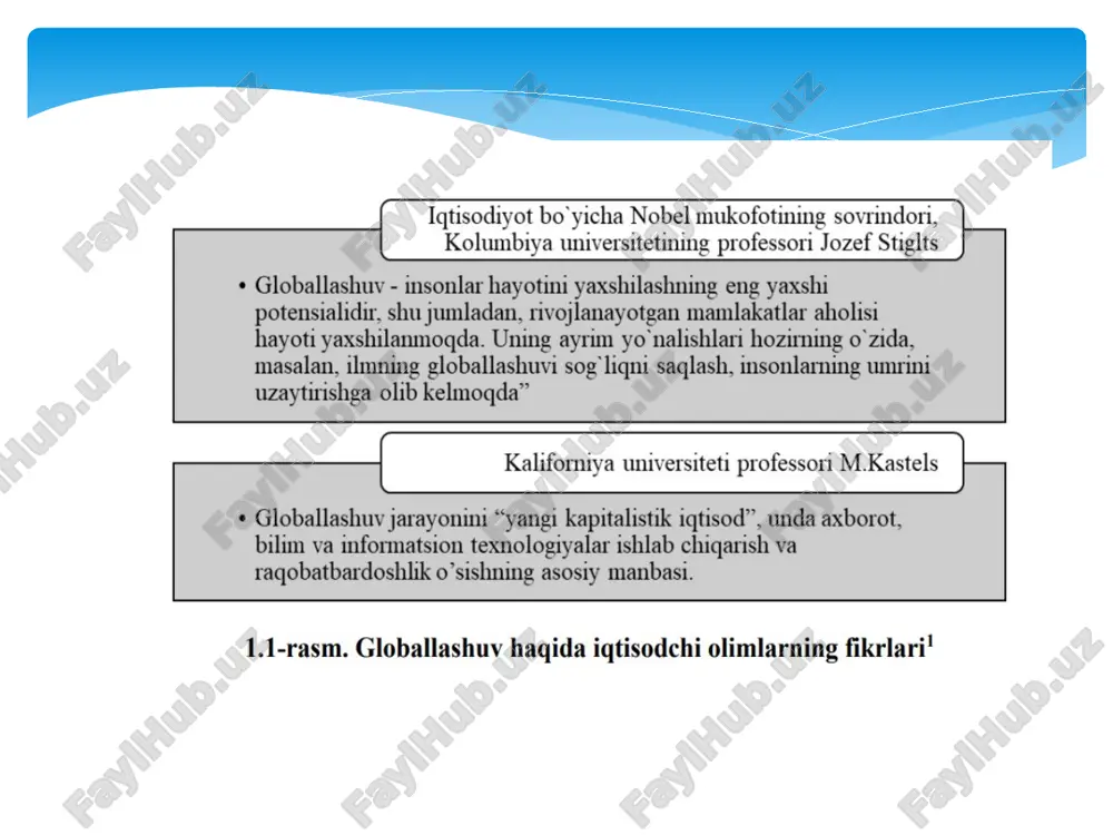ar va tushishlar butunjahon miqyosini qamrab oladi v.p. kolesova tahriri ostida “jahon xo’jaligini globallashtirish va rossiyaning o’rni” nomli monografiyasida – internatsionallashtirishning butunjahon miqyosi – globallashtirishning mohiyatini anglatadi, deb tasdiqlangan (2002 g., str.7). xalqaro valyuta fondi (xvf) taftishchilari jahon xo’jaligining globallashtirishini “ tovarlar, xizmatlar va jahon kapital oqimi bo’yicha xalqaro bitimlarning turi, xajmi ortishi, shuningdek, texnologiyalarning nisbatan jadal va keng diffuziyasi natijasida jahonning barcha mamlakatlari ortib boruvchi iqtisodiy o’zaro bog’liqligi” sifatida ta'riflaydilar2. xvfning so’nggi ma'ruzalaridan birida mazkur nuqtai nazar mantiqan davom ettiriladi: “globallashtirish nima?”. ushbu tushunchaning iqtisodiy mazmuni-jahonda milliy iqtisodning, xususan tashqi savdo va moliyaviy oqimlar yordamida yaqinlashishini kuchaytirishni anglatadi. ba'zan hatto ishchi kuchi, bilim va texnologiyalarning milliy chegaralaridan oqimlarning misli ko’rilmagan darajada ortib ketishi ham nazarda tutiladi. globallashtirishda hech qanday sir yo’q. u faqatgina asrlar davomida iqtisodiyotning barcha darajalarida – qishloq bozori, shahar sanoati, savdo, poytaxt fond birjalarida amal qilib kelgan aynan shu bozor kuchlari harakatini milliy chegaralari orqali o’tkazadi3. …