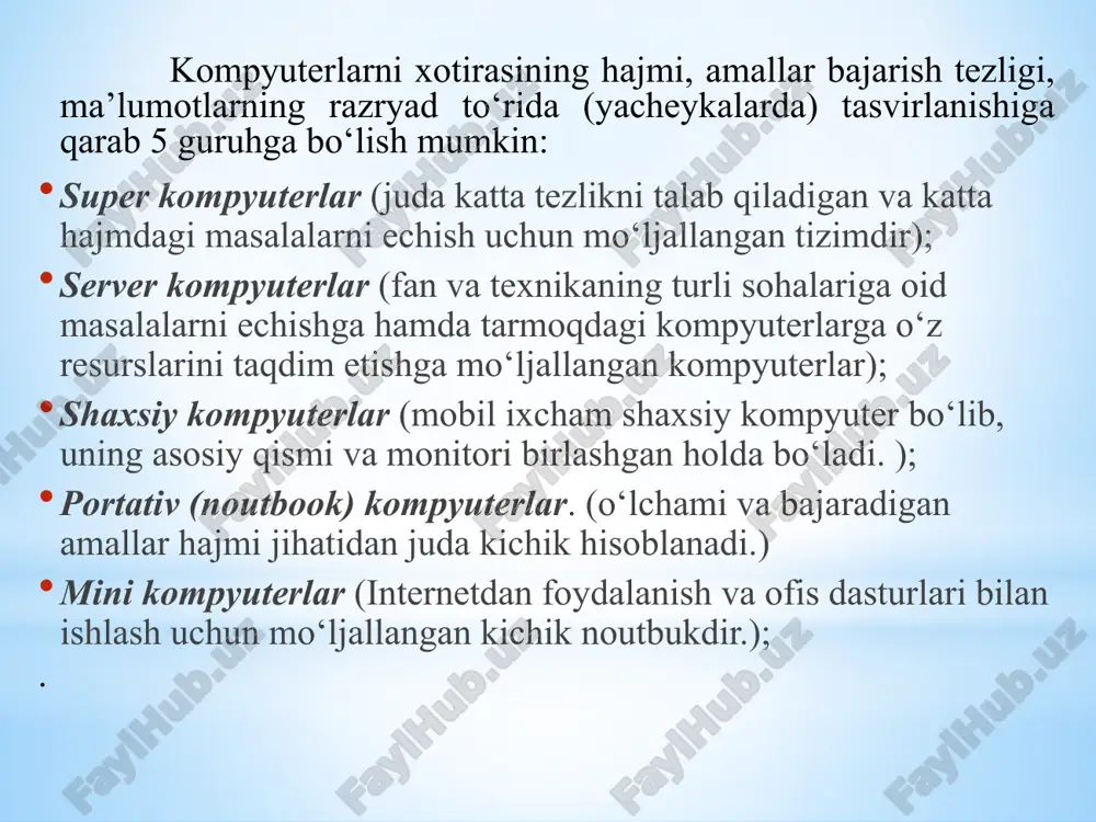 – musiqa va ovozlarni chiqaruvchi, video tasvirlarni ko‘rsatuvchi dasturlar: adobe premier, winamp, media va hokazo. jadval muharirlari – jadvallar bilan ishlovchi dasturlar: lorus, ms excel. ma’lumotlar ombori – ma’lumotlar ombori bilan ishlovchi dasturlar: ms access, dbase, foxpro. avtomatlashtirilgan loyihalash tizimlari –konstruktorlik loyihalash ishlarniga ixtisoslashtirilgan dasturlar (kompas 3d, auto cad). 3. dastur tuzuvchi dasturlar turi – bu yangi dasturlar yaratuvchi dasturlardir. bunday dasturlarga quyidagilarni misol qilib keltirish mumkinbo‘linadi: basic, paskal, java, delphi, turbo paskal, c++ kabi dasturlash tillari. nazorat savollari: kompyuterlar va ularning turlarini izohlang. shaxsiy kompyuterlarning asosiy qurilmalari va ularning vazifalari qanday? shaxsiy kompyuterlarning qo’shimcha qurilmalari qaysilar va ularning vazifasini izohlang? kompyuter dasturlari nima va u qanday vazifalarni bajaradi. kompyuter dasturlari qanday turlarga bo‘linadi va ularning vazifasini izohlang. tizimli dasturlarning hozirgi ahvoli va rivojlanish taraqqiyoti nimalardan iborat. amaliy xizmat dasturlari bilan instrumental dasturlarning qanday farqlari bor. dasturlash tillari va ularning tasnifini izohlang. e’tiboringiz uchun raxmat ! kbuoysha69@gmail.com 998916069778 image1.png image2.jpg …