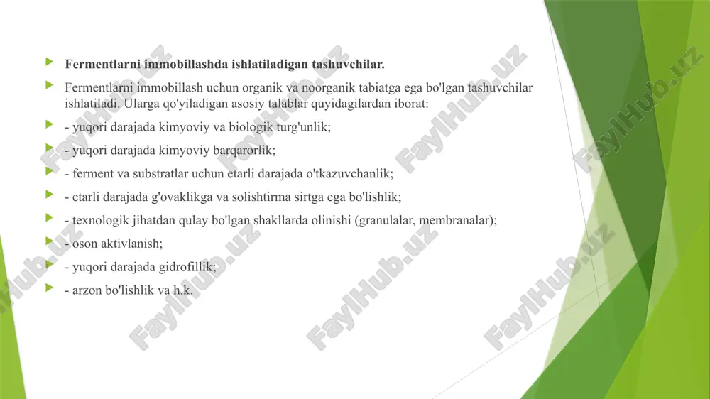 dsorbentga bog'langan oqsillar o'z o'rinlarini ularga bo'shatadilar va o'zlari kolonkadan yuvilib chiqa boshlaydilar. dietilaminoetil (deae) esa karboksimetil (km) tsellyuloza. buferlar metall ionlari, xlor ionlari affinli xromatografiya usuli. biologik faol birikmalar, xususan fermentlar ham ligandlar yoki affinli ligandlar deb nomlanadigan birikmalarga maxsus bog'lanish xususiyatlariga egadir. agarda shunday ligandlarni inert matrisaga kovalent bog'lasa faqat kerakli fermentni ushlovchi va qolgan oqsil va moddalarni o'tkazib yuboruvchi maxsus adsorbentni olish mumkin. agaroza donachalari gel xromatografiya dekstran asosida olingan gellardan foydalaniladi va ular yordamida razmeriga qarab har xil makromolekulalarni tez ajratiladi. gelfiltrasiya jarayonida kolonkadan avval yuqori molekulali moddalar va keyin esa kichik molekulalilari birin-ketin chiqa boshlaydi. dekstranlar (sefadeks larva sefakrillar), poliakrilamid gellaridan (biogellar), akrilamid polimer zangiri epishtirilgan agaroza gellardanus (ultragellar) image4.png image5.png image6.png image7.png image8.png image9.png image10.png image11.png image12.png image2.png /docprops/thumbnail.jpeg