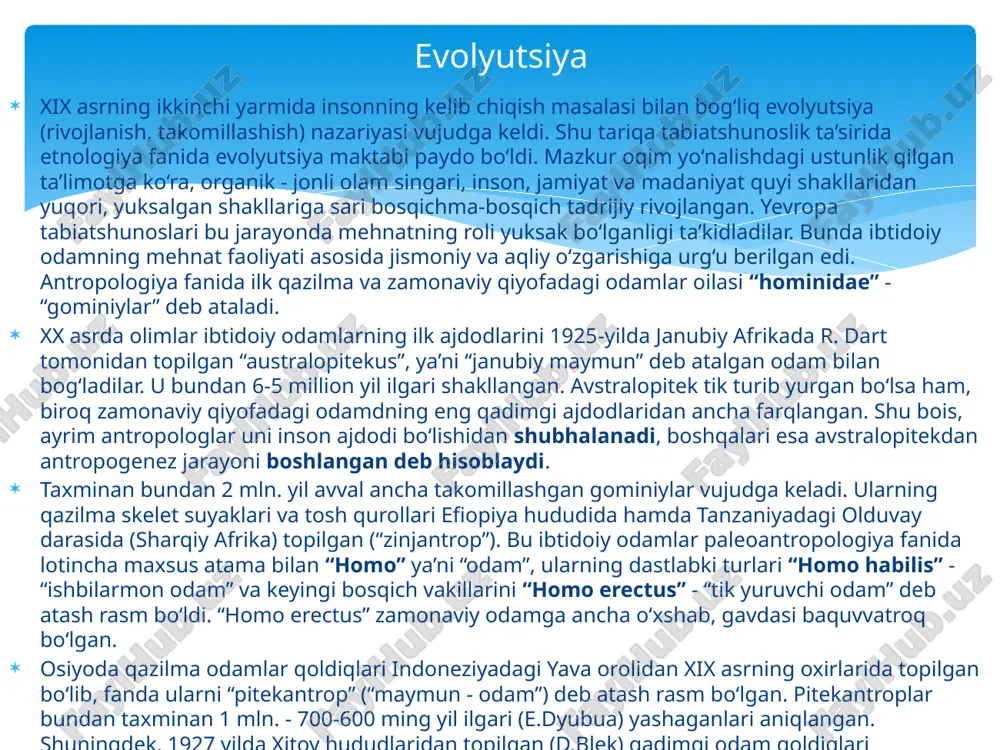 i oshib borishi; o‘troq hayotga o‘tish; xo‘jalik hayotning umumiyligi; jinsdan kelib chikkan xolda mehnatning taqsimlanishi; ko‘p oilali munosabatlar (ekzogamiya) bilan xarakterlanadi. matriarxat – urug‘ boshida ayol kishining turishi, nasl nasab, qarndosh urug’chilik munosabatlari ayol tomonidan belgilangan ijtimoiy munosabatlar davri.. ibtidoiy to’da urug’ qabila ona urug’i 16 o‘rta osiyoda paleolit davr yodgorliklari va qurollar rivojlanishi sana (mil. avv. m.y.) davr yodgorliklar qurollar -12 -20 -30 -35 so‘nggi paleolit bo‘zsuv uchbuloq samarqand makoni nayzasimon qurollar sixchalar, tosh parrakcha, qirg‘ichlar, teshgichlar -40 -50 -60 -70 -80 -90 -100 o‘rta paleolit obirahmat xo‘jakent ko‘lbuloq teshiktosh qo‘tirbuloq omonqo‘ton uchtut tosh qirg‘ich, tosh parrakcha, nayzasimon tosh uchi, nukleus, o‘tkir uchli cho‘qmorlar, qo‘l chopqichlari, kurakchalar -200 -300 -400 -500 -600 -700 -800 -900 ilk paleolit qoratangir bo‘riqazigan tanirqazigan qizqala seleng‘ur on-archa qo‘l cho‘qmorlari, toshqirg‘ich, tosh parchalari, chopper- daryo toshlaridan ishlangan qurollar image2.png image3.jpeg image4.png image5.png image6.png image7.jpeg image8.png image9.jpeg image10.jpeg image11.jpeg image12.png image13.jpeg image14.jpeg image15.jpeg image16.jpeg image17.png …