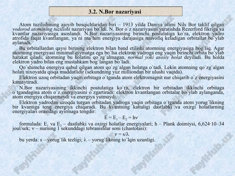 , kislorod, uglerod va vodorodda 3 tadan, ftor esa faqat 1 ta tabiiy izotopdan iborat. masalan: uglerod 126c, 136c, 146c, kislarod 168o, 178o, 188o, vodorod 11h, 21h, 31h izotopiya hodisasi deyarli hamma elementlarda uchraydi. ko`pchilik elementlar o`zlarining bir necha izotoplari aralashmasidan iborat. masalan, tabiiy qo`rg`oshin atom massalari 206, 207 va 208 hamda yadro zaryadlari 82 ga teng bo`lgan uch izotop aralashmasining; 207,21 bu aralashmadagi atom massalarining o`rtacha qiymatini tashkil qiladi. izotoplar kashf etilgandan keyin kimyoviy element tushunchasiga quyidagicha ta`rif berildi: yadrolarining zaryadlari bir xil bo`lgan atomlar turi kimyoviy elementdir. demak, kimyoviy element tushunchasini ta`riflashda yadro zaryadi asos qilib olinadi. hozirda 118 ta elementning 250 dan ortiq izotopi ma`lum (radiaktiv izotoplar bular jumlasiga kirmaydi). shuningdek, yadro zaryadlari har xil, massalari bir xil bo`lgan atomlar ham mavjud. atom massalari bir–biriga teng, lekin yadro zaryadlari turlicha bo`lgan atomlar izobarlar deyiladi. masalan: 4018ar, 4019k, 4020ca. shuningdek izotonlar deb ataluvchi tarkibida neytronlar soni teng bo`lgan …
