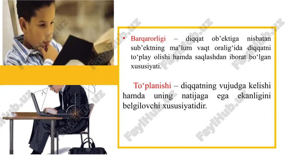 zmuni bilan belgilanishidir. masalan, “ildiz” tushunchasini biologlar o‘simliklarning moddiy asosi sifatida, matematiklar sonlarning ildiz ostidagi ko‘rinishida, ijtimoiy nuqtai nazardan qarindosh-urug‘chilik shaklida ko‘z o‘ngiga keltiradi. idrok xususiyatlari: idrokning predmetliligi - ob’ektivlashtirish hodisasi deb atalgan hodisada, ya’ni tashqi olamdan olinadigan axborotlarning o‘sha narsaga mansubligida ifoda qilinadi. predmetlilik idrokning belgisi sifatida xatti-harakatni boshqarishda alohida rol uynaydi. biz narsalarga ularning ko‘rinishiga qarab emas, balki ularni amaliyotda qay tarzda ishlatishimizga muvofiq holda, yoki ularning asosiy xususiyatlariga qarab ham baholaymiz. idrokning yana bir xususiyati uning yaxlitligidir. sezgi a’zolariga ta’sir qiladigan narsaning ayrim xususiyatlarini aks ettiradigan sezgilardan farqli o‘laroq, idrok narsaning yaxlit obrazi hisoblanadi. yaxlit obraz narsaning ayrim xususiyatlari va belgilari haqida turli xil sezgilar tarzida olinadigan bilimlarni umumlashtirish negizida tarkib topadi. idrokning yaxlitligi - uning strukturaligi bilan bog‘langandir. idrok ma’lum darajada bizning bir lahzalik sezgilarimizga javob bermaydi va ularning shunchaki oddiy yig‘indisi ham emas. biz ana shu sezgilardan amalda mavhumlashgan va bir muncha vaqt davomida shakllanadigan …