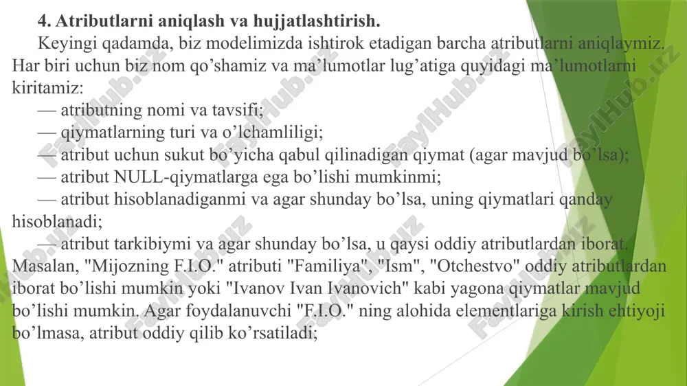 alari tomonidan cheklanishi mumkin. ularni amalga oshirish usuli tanlangan dbmsga bog’liq. har bir tizimning o’ziga xos imkoniyatlari mavjud. ba’zi tizimlarda umuman biznes qoidalarini qo’llab-quvvatlash mavjud emas. bunday holda, cheklovlarni amalga oshirish uchun ilovalar ishlab chiqiladi. biznes mantiqasi bilan bog’liq barcha qarorlar qo’shimcha hujjatlarda tavsiflanadi. 3. ma’lumotlar bazasining fizika tashkilotini loyihalash. bu yerda biz jadvallar uchun eng yaxshi fayl tashkilotini tanlaymiz. tranzaksiyalarni aniqlab, eng muhimlarini ajratib ko’rsatamiz, shuningdek, ularning o’tkazuvchanligini tahlil qilamiz, ya’ni kutish vaqti, tranzaksiyalarni bajarish oralig’i va hokazo. albatta, biz javob berish tezligini oshirishga harakat qilamiz (ya’ni, javob uchun sekunt sonini qisqartirishga). agar zarurat bo’lsa, indekslarni qo’shish, normallashuv darajasini pasaytirish yoki ma’lumotlar bazasiga ta’sir ko’rsatadigan boshqa ishlashni optimallashtirish operatsiyalari amalga oshiriladi. muhim ishlar orasida, ma’lumotlar bazasi uchun zarur bo’lgan disk xotirasi hajmini baholash ham unutilmasligi kerak. image1.png image2.png /docprops/thumbnail.jpeg