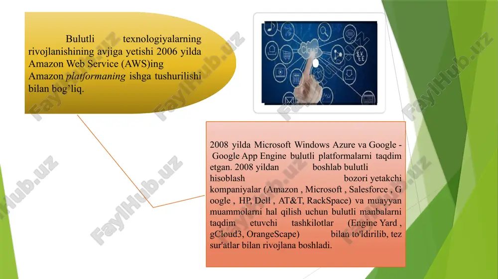 ’zlarining bosh harflaridan olingan bu xizmat turi nomi qaysidir turdagi xizmatni tashkil qilish uchun maydoncha (platforma) taqdim etadi. bu turdagi xizmatdan foydalanib saas xizmatini yaratish mumkin. iaas «infrastructure as a service» sizga infratuzilmani taqdim etadi. uning ichiga paas qurishingiz, paasning ustiga ega saas qurishingiz mumkin bo’ladi. infrastruktura boshqaruvi qo’lingizda bo’lganda siz tizimning deyarli barcha qismini to’liq o’zgartira olasiz. albatta, tizimning ishlab turishini ta’minlovchi premetiv jihatlarga ruxsat berilmasligi mumkin (masalan, xotira qurilmasini boshqarish, elektr toki ta’minotini boshqarish va h.k). platformaga joylangan yoki u yordamida yasaladigan dasturingizni to’liq boshqarishingiz hamda ma’lumotlar bazasiga to’liq egalik qila olasiz. sizga dasturingizni yaratish/yuritish uchun sharoit yaratib beriladi, ammo platformaning o’ziga ta’luqli bo’lgan, uning ish jarayoniga aloqador katta darajadagi narsalarni o’zgartira olmaysiz. bulutli hisoblashlarning xususiyatlari quyidagilar internetga ulangan har qanday kompyuterdan shaxsiy ma'lumotlarga kirish turli qurilmalar (kompyuterlar, planshetlar, telefonlar, va hokazo) ma’lumotlari bilan ishlash imkoniyati har qanday brauzerdagi turli xil operatsion tizimlar, veb- xizmatlar bilan ishlash imkoniyati …