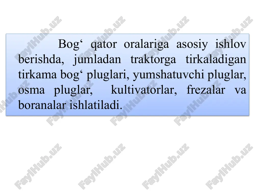 irish imkoni ko‘zda tutiladi. buruluvchan tish nisbatan uzun bo‘lib, uning ustiga maxsus qoziqchalar payvandlangan. qoziqchalar tuproqni to‘liqroq yumshatib, begona o‘tlarni xaskashlashga xizmat qiladilar. qatorlar orasidagi tuproqqa to‘liq ishlov berish uchun, kultivator ikki marta (oldiga va orqasiga qaytib) yurib o‘tishi kerak, chunki buruluvchan tish uning bir tomonida o‘rnatilgan bo‘ladi. shu sababli, kultivatorning ishchi qamrov kengligini qatorlar oralig‘ining yarmidan 30-40 sm ga kattaroq o‘rnatish lozim. qatorlar oralig‘i tor bo‘lsa, kultivatorning bir yurishida u yerga ishlov berish mumkin, ammo bir qatordagi daraxtlar orasiga to‘liq ishlov berilmaydi. kichik o‘lchamli kultivator: 1 - rama; 2 - ishlov berish chuqurligini sozlovchi mexanizm; 3 - avtoosgich; 4 prujinasimon tirma uchun rama; 5- o‘toqlovchi yon tishni sozlovchi mexa­nizm; 6 -chap tish; 7- o‘q-yoysimon tish; 8- tayanch g‘ildiragi; 9 - o‘toqlovchi o‘ng tish. bog‘bop disksimon tirmalar disksimon tirma qattiq tuproqni ag‘darmasdan, sifatli chuqur yumshatish, yirik kesaklarni maydalash, o‘simlik qoldiqlarini kesib maydalash kabi xususiyatlari bilan boshqa qurollardan ustun turadi. shu …