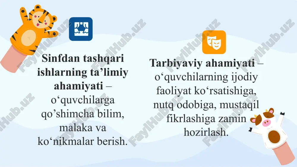 unda hisoblash amallari qaralayotgan sinf dasturi talablaridan ortib ketmaydi, hisoblashlar, masalalar yechish, geometrik figuralarni yasashlarga amaliyot bilan nazariya orasidagi bog‘lanish ta’minlanishi kerak. 2. o‘rganilayotgan masalalar istiqbol maqsadlarga ega bo‘lishi, ya’ni o‘quvchilarni kelajakda o‘rganilishi nazarda tutilgan matematik masalalarni, masalan: to‘plam, funksional bog‘lanish, matnli mashqlar, topishmoqlar, grafiklar ular yordamida arifmetik masalalarni yechish va hokazolarni o‘rganishga tayyorlashga ega bo‘lishi mumkin. 3. o‘rganiladigan mavzularning mazmuni qaralayotgan yoshdagi bolalarning kuchlari yetadigan, ularda ona tiliga muxabbat va uni o‘rganishga qiziqish uyg‘otadigan asosiy ta’lim va tarbiyaviy masalalarni hal qilish imkonini beradigan bo‘lishi kerak. to‘garak mashg‘ulotlarida o‘qituvchilar suhbatlariga, to‘garak a’zolarining chiqishlariga katta o‘rin ajratiladi, ba’zi nazariy material o‘qituvchilar suhbatlarida bayon qilinadi, qiziqarli matnli mashqlar beriladi. ona tili va o‘qish savodxonligi to‘garagida bir gruppa bolalarning ishtirok qilishi va ularning qiladigan ishlari faqat to‘garak qatnashchilarigina emas, balki sinfdoshlarning hammasi uchun ham katta ahamiyatga egadir. o‘qituvchi to‘garak a’zolari bilan haftada bir marta o‘tkaziladigan mashg‘ulotlarni oldindan rejalashtiradi. to‘garak mashg‘ulotlarini 2-sinflarda 30-35 minut, …