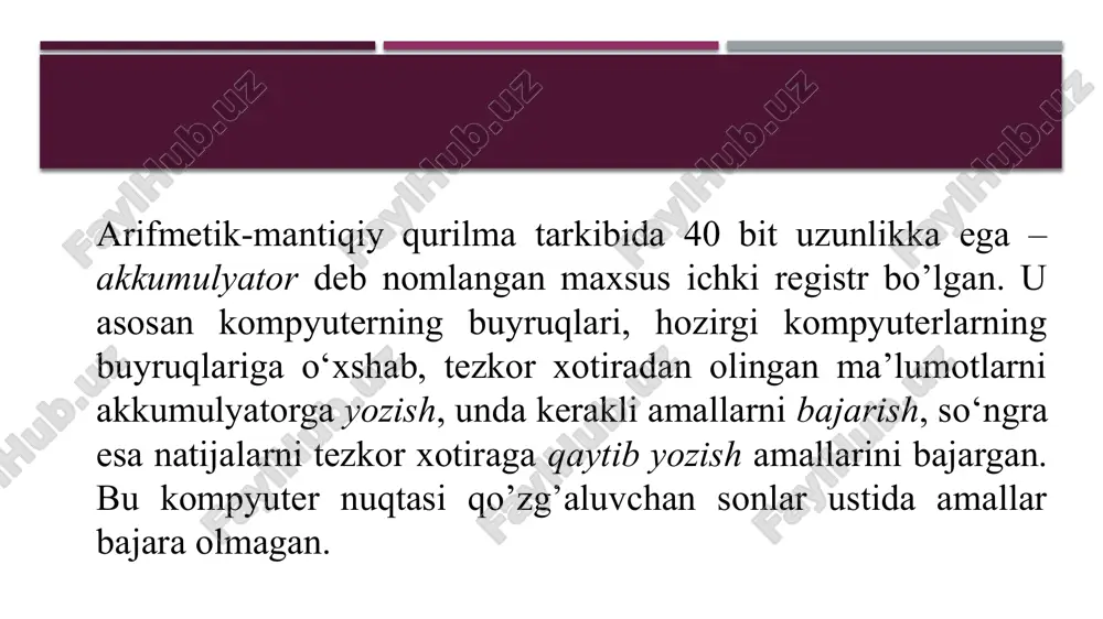 umotlar va dasturlar saqlanadi (ajratilgan fayl serverlar va server ilovalari). server protsessorlari odatda foydalanuvchilar va ma’lumotlarga kirish huquqlarini boshqaradi. hisoblashlar mijoz-kompyuterlarda amalaga oshiriladi. serverlar meynfreymlar oz’ida katta hajmdagi ma’lumotlarni qayta ishlashni markazlashtirgan katta kompyuterlarni tavsiflaydi. foydalanuvchilar asosan ma’lumotlarni kiritish va chiqarishga mo’ljallangan terminallar (klaviatura+monitor) va/yoki shk lar orqali murojaatni amalga oshiradilar. ulangan terminallar soni odatda bir necha yuzlab bo’ladi. meynfreymlar yuqori ishonchliligi bilan xarakterlanadi. meynfreymlarning kuchi, shk va serverlarga qaraganda ko’proq bo’lsada, ular ko’p emas. lekin ular kiritish-chiqarish jarayonlarining yuqori tezligiga va doimiy xotiraning katta hajmlariga egalar. meynfraymlar juda qimmat turadi (bir necha million dollar). katta tashkilotlarda ishlatiladi (banklar, aeroportlar, davlat idoralari). meynfreymlar superkompyuterlar – bu o’tgan asrning 60-yillarida paydo bo’lgan judayam kuchli tizimlar (kuchli protsessorlar). katta hajmdagi murakkab hisoblashlarni talab qiladigan masalalarni yechish uchun ishlatiladi. bir necha o’z million dollar turadi. superkompyuterlar ? e’tiboringiz uchun raxmat image1.png image2.png image3.jpeg image4.jpeg image5.jpeg image6.jpeg image7.png image8.jpeg image9.jpeg image10.jpeg image11.jpeg image12.jpeg image13.jpeg …
