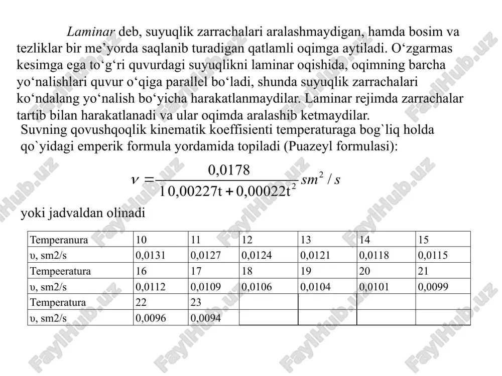 4,0 4,6 5,8 4,8 5,2 4,5 5,6 4,2 4,6 5,4 2 q,m3/s 31 36 42 28 29 59 62 46 43 57 58 56 40 48 39 20 25 35 nazorat savollari 1.suyuqlikni qanaqa harakat rejimlarini (tartiblarini) bilasiz? 2.qanaqa harakat laminar deyiladi? 3.laminar va turbulent harakatda zarrachalar tezliklari qanaqa harakat qiladi? 4.laminar va turbulent harakatda reynolds soni qancha bo‘lishi kerak? 5.laminar va turbulent harakatda zarrachalarning tezliklari qancha bo‘lishi kerak ? 6.tajribada suv satxi tezligini topishni tushuntiring 7.ikki tartibli harakatni aniqlash usulini tushuntiring 8.reynolds kritik soni to`g`risida ma'lumot bering 9.suyuqliklarning qovushqoqlikgi nimalarga bog`liq? 10.qovushqoqlik temperaturaga qanday bog`liq? 11.reynolds sonining o`lcham birligini tushuntiring. image1.png image2.wmf image3.wmf image4.png image5.jpeg image6.png image7.wmf image8.wmf image9.png image10.wmf image11.wmf image12.wmf s sm / 0,00022t 0,00227t 1 0,0178 2 2 + = n n vd = re 4 2 d p w = w j q = c t o 2 4 d q v p = d …