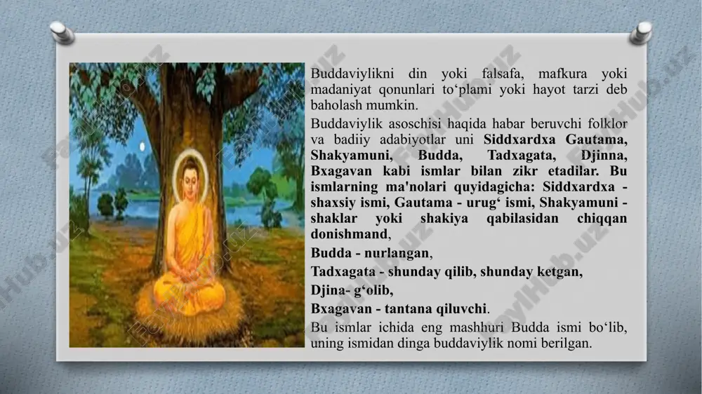 jralish ro‘y berdi. “xinayana” (sanskritcha – kichik g‘ildirak) yo‘nalishi an’anaviy qarashlarga rioya qilishi bilan birga budda ta’limotiga qat’iy mantiqiy izchillik berishga intildi. “mahayana” (sanskritcha – katta g‘ildirak) yo‘nalishi budda ta’limotining barcha tomonlarini isloh qildi. buddaga ilohiylik tusini berib, diniy marosim va ibodatlarni joriy etdi. ushbu yo‘nalishlarning mahalliy qadriyatlar va boshqa dinlar bilan sintezlashuvi esa “lamaizm”, “vajrayana”, “dzen (chan) buddizm”, “tyantay”, “dxiana” kabi yo‘nalishlarning vujudga kelishiga zamin yaratdi. buddaviylikning ilk yo‘nalishlaridan biri, najot topishning tor yo‘li bo‘lgan “xinayana” miloddan avvalgi i asrda shakllangan bo‘lib, uning asosiy qoidalari “tipitaka”da bayon qilingan. “xinayana”ni budda kichkina qayiq misolida tushuntirgan: kishi yolg‘iz o‘zi unga o‘tirib, tinch–omon daryodan suzib o‘tishi mumkin. bunday kishi “arxata” deb atalgan. u butun kuch–qudrati va imkoniyatini oliy maqsad sari qaratib, haqiqatni anglaydi. “arxata” faqat o‘zi haqida qayg‘uradi va har bir kishi “nirvana”ga erishish uchun o‘zi harakat qilishi kerakligi, boshqalarning yordami bilan hech narsaga erishib bo‘lmasligini uqtiradi. rahm–shafqat, achinish, hamdardlik qanchalik yuksak …