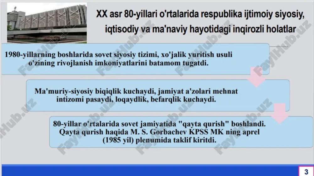 yil 1-noyabrdan yangi konstitutsiya qabul qilingan davrgacha bo‘lgan davrni o‘z ichiga oladi prezidentlik hokimiyati bilan vazirlar kengashining ijroiya-boshqaruv hokimiyati qo‘shib yuborilib, keyingisi prezident huzuridagi vazirlar mahkamasiga aylantirildi. o‘zbekiston ssr oliy kengashining 2-sessiyasi (1990-yil 20-iyun) «mustaqillik deklaratsiyasi»ni qabul qildi; uning kirish qismida: “o‘zbekiston sovet sotsialistik respublikasi oliy kengashi o‘zbek xalqining davlat qurilishidagi tarixiy tajribasi va tarkib topgan boy an’analari, har bir millatning o‘z taqdirini o‘zi belgilash huquqini ta’minlashdan iborat...”. «mustaqillik deklaratsiyasi» o‘zbekistonning 1991-yil 31-avgustgacha mavjud bo‘lgan boshqaruv, huquqiy faoliyatini ta’minladi; sessiyada “o‘zbekiston respublikasining davlat mustaqilligini e’lon qilish to‘g‘risida” qonun qabul qilindi. 12 moddadan iborat bu qonunda o‘zbekiston respublikasi asosiy belgilari aniqlandi. mazkur qonun mustaqil respublika uchun konstitutsiya rolini o‘ynaydigan bo‘ldi. 1-noyabr kuni o‘zbekistonda ijroiya va boshqaruv hokimiyatining tuzilishini takomillashtirish, o‘zbekiston ssr konstitutsiyasiga o‘zgartirish va qo‘shimchalar kiritishi to‘g‘risida qonun qabul qilindi; 18 milliy armiyani shakllantirishdagi jonbozlik mamlakatimizda huquqiy demokratik davlat, fuqarolik jamiyati barpo etish yo‘lida avvalambor asosiy ustuvor yo‘nalishlaridan biri milliy armiyani …
