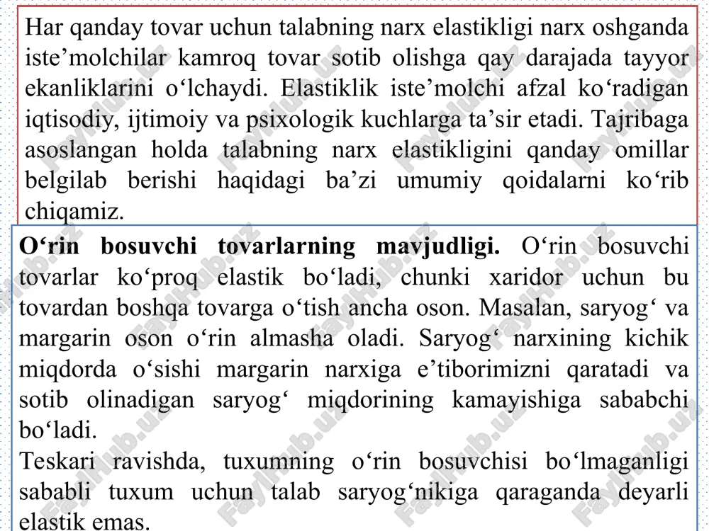 ʻzgarishiga biroz javob qaytarsa, tovar taklifi noelastik deyiladi. taklifning narx elastikligini hisoblash biz taklifning narx elastikligi haqida boshlangʻich ma’lumotga ega boʻldik, endi chuqurroq yondashamiz. taklifning narx elastikligi taklif miqdorining foizdagi oʻzgarishini narxning foizdagi oʻzgarishiga nisbati shaklida hisoblanadi, ya’ni: taklifning narx elastikligi = rasm 2. … taklif hajmini oʻzgartirmaydi 1.narx koʻtarilishi 1.narx ning 22 % ga koʻtarilishi 2. … taklif hajmini 10 % ga oshiradi 1.narx ning 22 % ga koʻtarilishi 1.narx ning 22 % ga koʻtarilishi 2. … taklif hajmini 67 % ga oshiradi 2.narx 4$ boʻlsa ishlab chiqaruvchilar taklif qiladilar 1.narx 4$ dan yuqori boʻlsa taklif cheksiz (a) mutloq noelastik taklif: elastiklik 0 ga teng (b) noelastik talab: elastiklik 0 ga teng narx narx narx narx taklifning narx elastikligi taklif egri chizigʻining tik yoki yotiq boʻlishini belgilab beradi. e’tibor berish kerakki, barcha foiz oʻzgarishlari oʻrta nuqta usulidan foydalanilgan holda hisoblaniladi miqdor miqdor miqdor 2. … taklif hajmini 22 % …