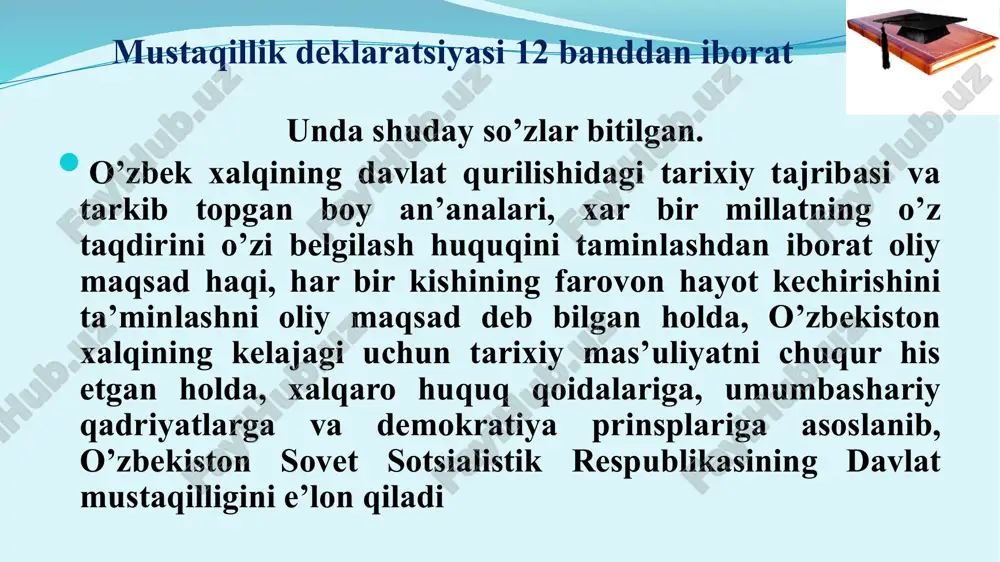 rgan ijtimoiy-siyosiy voqealarni, davlat to‘ntarishiga antikonstitutsiyaviy urinish oqibatlarini tahlil qilib, ular o‘zbekiston taqdiriga, xalqimiz taqdiriga bevosita daxldor ekanligini har tomonlama asoslab berdi. prezident i.a. karimov o‘zbekiston respublikasining davlat mustaqilligini e’lon qildi va uni mustaqillik to‘g‘risidagi qonun bilan mustahkamlashni taklif etdi. oliy kengash sessiyasi „o‘zbekiston respublikasining davlat mustaqilligini e’lon qilish to‘g‘risida“ qaror qabul qilib, o‘zbekiston respublikasining davlat mustaqilligi to‘g‘risidagi oliy kengash bayonotini tasdiqladi va respublikani bundan keyin o‘zbekiston respublikasi deb atashni belgilab qo‘ydi. 1 sentabr o‘zbekiston respublikasining mustaqillik kuni deb belgilansin va 1991 yildan boshlab bu kun bayram va dam olish kuni deb e’lon qilinsin. 1991-yil 31-avgustdagi oliy kengash bayonotidan o‘zbekiston respublikasining davlat mustaqilligi to‘g‘risida oliy kengash bayonoti“ qabul qilindi. o‘tmishdan saboq chiqarib va ssr ittifoqining siyosiy hamda ijtimoiy hayotidagi o‘zgarishlarni e’tiborga olib, xalqaro huquqiy hujjatlarda qayd etilgan o‘z taqdirini o‘zi belgilash huquqiga asoslanib, o‘zbekiston xalqlarining taqdiri uchun butun mas’uliyatni anglab, shaxsning huquq va erkinliklari, mustaqil davlatlar o‘rtasidagi chegaralarning buzilmasligi to‘g‘risidagi …