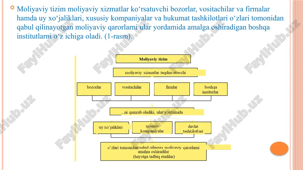 huvning asosi shuki, mo‘ljal sifatida moliyaviy institutlarning o‘zini emas, balki ularning funksiyalari olingan. tahlilning bunday uslubini biz funksional yondoshuv deb atadik (functional perspective). u quyidagi dastlabki ikki shartga asoslangan: 1. moliyaviy tizim funksiyalari uning institutlariga qaraganda ko‘proq barqarorlik xarakteriga ega. 2. moliyaviy institutlar shakli mantiqan ularning funksiyalaridan kelib chiqadi. moliyaviy tizim funksiyalari masalan, faraz qilaylik, barcha oilalar o‘z jamg‘armalarini uyidan tashqariga chiqmasdan investitsiya qilishga majburlar. bunda “a” oila jamg‘armasi bo‘yicha yillik daromadlilik stavkasi bor-yo‘g‘i 2%ni tashkil etadi, “b” oila esa o‘zining jamg‘armasidan yiliga 20% daromad olish imkoniyatiga ega. “a” oilaning jamg‘armasini jalb qilib, “b” oilaga qarzga beruvchi investitsion kompaniya tuzish yo‘li bilan ikkala jamg‘armaning samaradorligini oshirish mumkin. 4. moliyaviy tizim orqali risklarni boshqarish moliyaviy tizim risklarni boshqarish uchun imkoniyatlarni vujudga keltiradi. pul resurslarini moliyaviy tizim yordamida ko‘chirib o‘tkazishga o‘xshab, risk ham ko‘chirib o‘tkaziladi. moliyaviy tizimda vositachilar, masalan, riskni ko‘chirish bilan bog‘liq faoliyatga ixtisoslashtirilgan sug‘urta kompaniyalari mavjud. bu kompaniyalar o‘zlarining risklilik …