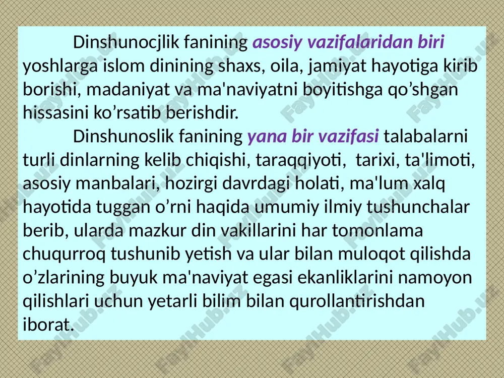 ishlar olib borilgan. v.r.rozen asos solgan mashhur «rus akademik sharqshunosligi»ning vakillari n.a.mednikov, l.e.shmidt, a.e.krimskiy, v.v.bartol’d, i.yu.krachkovskiy, e.e.bertel’s, a.a.semenov va boshqalar islomshunoslik sohasida qimmatli asarlar yaratganlar. xulosa qilib aytganda, metafizik umumbirlik falsafasi vakillari qarashlarida ayrim farklar bo’lishi bilan birga, ularning falsafasida umumiy tomonlar ham uchraydi. barchasida olamning yaratilishi, insoniyatning yashashi haqida fikrlar bildirilib, gnoseologik, antropologik, psixologik va boshqa jihatlarga e’tibor qaratilgan. islomning yo'nalishlarga bo'linishi sabablari muhammad payg'ambar vafotidan keyin musulmon jamoa- larining yo'lboshchilari o'rtasida hokimiyat uchun kurash avj olgan. hokimiyat uchun kurashlar islomning uch yo'na- lishga bo'linishiga olib kelgan. mazkur bo'linishning asosida turli feodal guruhlarning hokimiyat uchun olib borgan kurashlari yotadi. muhammad payg'ambarning kuyovi, to'rt buyuk xalifalar- dan biri ali davridayoq (656 – 661 yillar), xalifaning hokimiyatini tan olmagan ummaviylar bilan hokimiyat tepasiga muhammad payg'ambar avlodarigina kelish huqu- qiga egadirlar deb hisoblagan ali ibn abu tolibning tarafdorlari o'rtasida kurash avj olib ketgan. islomdagi yo'nalishlar tushunchasi 1 islomdagi yo'nalish deganda muayyan e'tiqodiy …