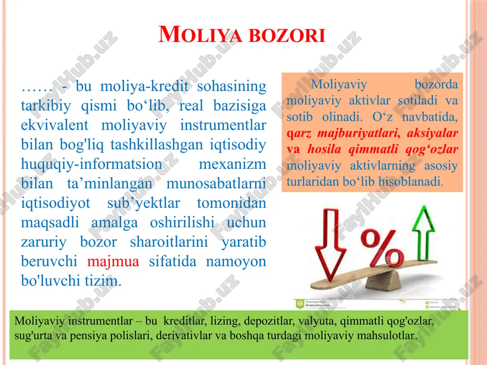 iqligini, bozor tendentsiyasini, shartlarini tadqiq qilish va asoslash; emissiya taktikasi va strategiyasini ishlab chiqish; uni muhokama qilish va chiqarish to'g'risida qaror qabul qilish; emissiya risolasini davlat ro'yxatidan belgilangan tartibda o'tkazish uchun tayyorlash. 2-bosqich ikkinchi bosqichda emissiya risolasi davlat ro'yxatidan o'tkaziladi, qonunchilik hujjatlari va risolada belgilangan tartibda reklama qilinib, potentsial investorlar o'rtasida joylashtiriladi, emissiya natijalari to'g'risida hisobot berib boriladi. 3-bosqich uchinchi bosqichda joylashtirilgan qimmatli qog'ozlar ikkilamchi bozorda uning konyunkturasiga bog'liq holda erkin muomalada bo'ladi, buning uchun emitent ularning ekvivalentlilik darajasini uzluksiz ta'minlab, bozordagi kursini monitoring qilib boradi. 4-bosqich to'rtinchi bosqich — qimmatli qog'ozlarni ularning risolasi shartlariga asosan hamda (yoki) qonun hujjatlarida belgilangan hollarda va tartibda muomaladan chiqarish (so'ndirish). qimmatli qog'ozlar turlari ulushga egalik huquqini beruvchi qq (aktsiyalar) qarz majburiyatini bildiruvchi (obligatsiyalar) hosilaviy qimmatli qog'ozlar (derivativlar) (fyuchers, optsion, varrant va ..) aktsiya (fran. action so'zidan olingan) – o'z egasining aktsiyadorlik jamiyati foydasining bir qismini dividendlar tarzida olishga, aktsiyadorlik jamiyatini boshqarishda ishtirok etishga …
