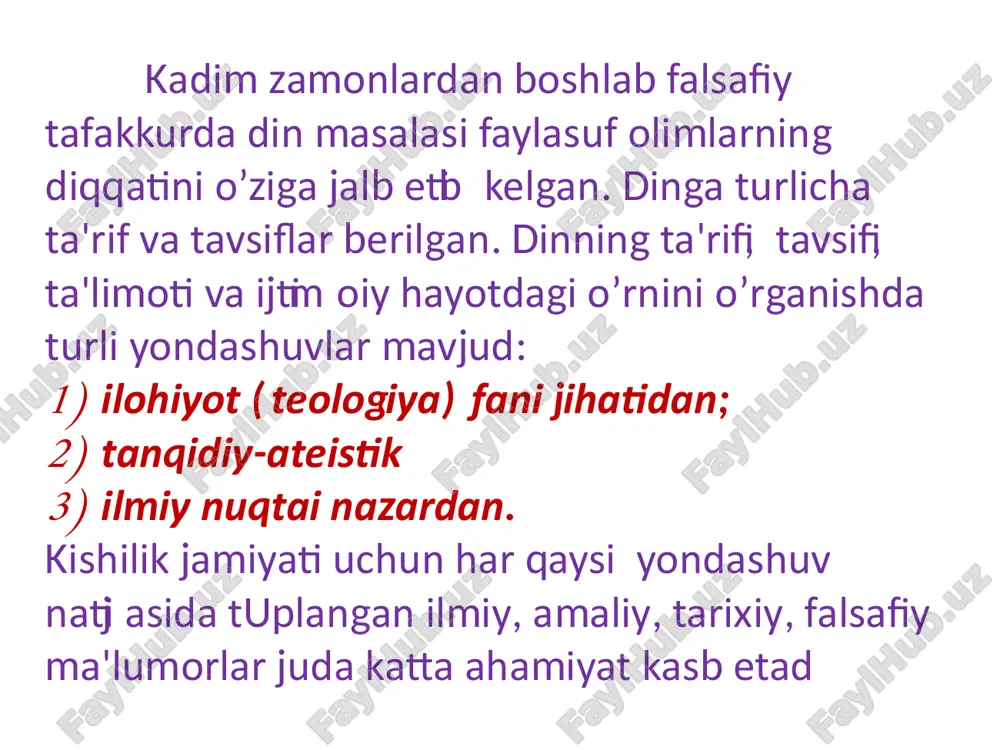 ar yaratganlar. xulosa qilib aytganda, metafizik umumbirlik falsafasi vakillari qarashlarida ayrim farklar bo’lishi bilan birga, ularning falsafasida umumiy tomonlar ham uchraydi. barchasida olamning yaratilishi, insoniyatning yashashi haqida fikrlar bildirilib, gnoseologik, antropologik, psixologik va boshqa jihatlarga e’tibor qaratilgan. islomning yo'nalishlarga bo'linishi sabablari muhammad payg'ambar vafotidan keyin musulmon jamoa- larining yo'lboshchilari o'rtasida hokimiyat uchun kurash avj olgan. hokimiyat uchun kurashlar islomning uch yo'na- lishga bo'linishiga olib kelgan. mazkur bo'linishning asosida turli feodal guruhlarning hokimiyat uchun olib borgan kurashlari yotadi. muhammad payg'ambarning kuyovi, to'rt buyuk xalifalar- dan biri ali davridayoq (656 – 661 yillar), xalifaning hokimiyatini tan olmagan ummaviylar bilan hokimiyat tepasiga muhammad payg'ambar avlodarigina kelish huqu- qiga egadirlar deb hisoblagan ali ibn abu tolibning tarafdorlari o'rtasida kurash avj olib ketgan. islomdagi yo'nalishlar tushunchasi 1 islomdagi yo'nalish deganda muayyan e'tiqodiy masala asosida birlashgan musulmonlar majmuasi tushuniladi. 2 sunniylik yo'nalishi “ahli sunna val-jamoa” deb nomlanadi. “ahli sunna” degani muhammad payg'ambar sunnatlariga ergashuvchilar, “val- jamoa” …