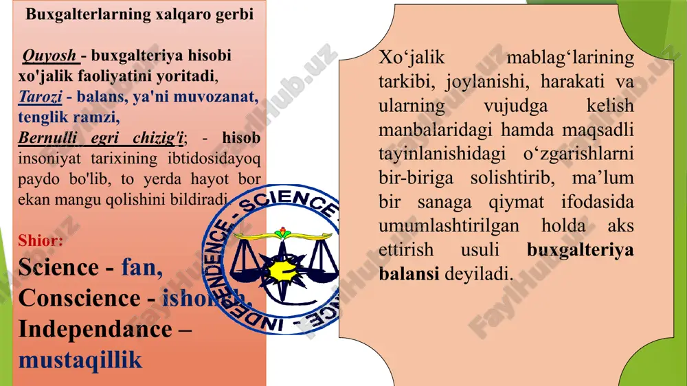 arajatlari va to‘lovlari uchun zaxiralar (8900) i bo‘lim bo‘yicha jami (satr. ) 480 21 ii. majburiyatlar uzoq muddatli majburiyatlar, jami (satr.500+520+...+590) 490 shu jumladan: uzoq mudd kreditorlik qarzlari 491 mol etkazib beruvchi va pudratchiga uzoq muddatli qarz (7000) 500 ajratilgan bo'linmalarga uzoq mudd qarz (7110) 510 sho''ba va qaram xo'jalik jamiyatga uzoq muddatli qarz (7120) 520 joriy majburiyatlar, jami (610+630+...+760 600 mol etkazib beruvchilar va pudratchilarga qarz (6000) 610 ajratilgan bo'linmalarga qarz (6110) 620 sho''ba va qaram xo'jalik jamiyatlarga qarz (6120) 630 kechiktirilgan daromadlar (6210, 6220, 6230) 640 soliq va boshqa majburiy to'lovlar bo'yicha kechiktirilgan majburiyatlar (6240) 650 770+490 780 22 4. buxgalteriya balansidagi o‘zgarishlar balansidagi o‘zgarishlar a+x3-x4=p a=p+x4-x4 a+x1=p+x1 a-x2=p-x2 ko‘payish va kamayish aktiv tomonda kuzatiladi ko‘payish va kamayish passiv tomonda kuzatiladi aktiv tamon ham passiv tomon ham ortadi aktiv tomon ham passiv tomon ham kamayadi balans summasi o‘zgarmaydi balans summasi o‘zgarmaydi balans summasi ortadi balans summasi kamayadi birinchi …