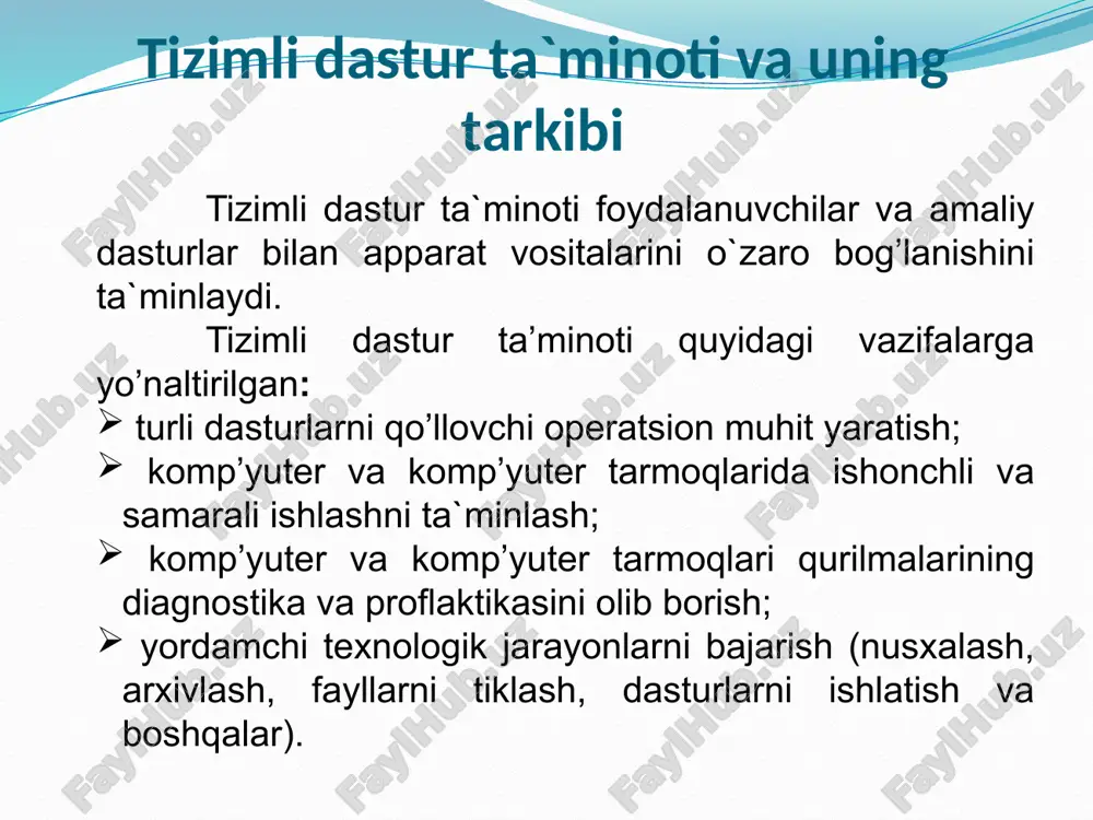 ot (aplication program package) – bu aniq bir predmet sohasi bo`yicha ma`lum bir masalalar sinfini echishga mo`ljallangan dasturlar majmuasidir. kompyuterning dasturiy ta`minoti orasida eng ko`p qo`llaniladigani amaliy dasturiy ta`minot (adt) hisoblanadi. bunga asosiy sabab, kompyuterlardan inson faoliyatining barcha sohalarida keng foydalanishidir. amaliy dastur ta`minoti umumiy maqsadli dasturlar maxsus yo`naltirilgan dasturlar professional darajadagi dasturlar mualliflik dasturlari ekspert tizimlar gippermatnli tizimlar multimediyali dasturlar matn muharrirlari jadval muharrirlari grafik muharrirlar animatsion grafika ma'lumotlarni boshqarish tizimlari integrallashgan paketlar kommunikatsion dasturlar tor doiradagi dasturlar avtomatlashtirilgan boshqarish tizimlari avtomatlashtiilgan loyihalash tizimlari o'rgatuvchi dasturlar geo-axborotli tizimlar dasturlash tizimlari kompyuter dasturiy ta`minotini yaratuvchi maxsus dasturlash tizimlari ham mavjud va uni asosan mutaxassislar ishlatishadi. ular uskunaviy dasturiy ta`minot yoki dasturlash tizimlari deb ataladi. dasturlash tizimlari – amaliy va tizimli dastur ta`minotidan farqli ravishda yaratilayotgan dastur mahsulotini ishlab chiqish, tuzatish va joriy qilish texnologiyalarini ta`minlaydigan dasturlar majmuasidir. ular yangi dasturlarni ishlab chiqish jarayonida qo`llaniladigan maxsus dasturlar majmuasidan iborat vositalardir. bu …