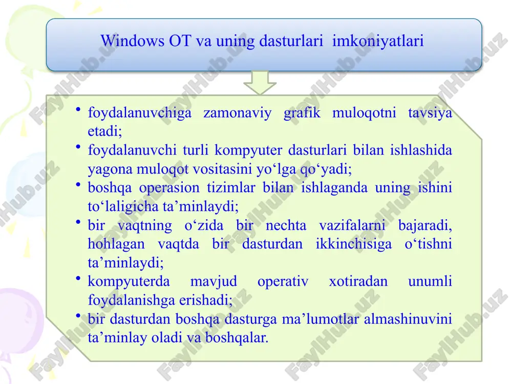 iz va ro‘yxat yordamida ularni qayta joyiga tiklashingiz mumkin bo‘ladi. ish stolida moy kompyuter (mening kompyuterim) va korzina (savat) tizim papkalarining bo‘lishini tavsiya etamiz. masalalar paneli. ish stolining pastki qismida joylashgan bo‘lib, unda ishlayotgan masalalar aks ettiriladi. windows xp operatsion tizimda ishlatiladigan tezkor tugmalar: tugma nomi vazifasi f2 belgilangan faylning nomini o‘zgartirish f3 fayl yoki papkani qidirish oynasini ochish f4 moy kompyuter yoki windows explorer manzillar oynasi ro‘yxatini kengaytirilgan holda ko‘rish. f5 ochilgan oynani yangilash f6 ochiq dastur yoki «ish stoli» elementlari bo‘yicha ketma-ket harakatlanish f10 ochilgan dastur menyu paneliga chiqish. alt + enter belgilangan ob’ekt xususiyatini ko‘rish alt + f4 faol ob’ektni yopish yoki faol dastur ishini to‘xtatish alt + tab ochilgan ob’ektlar o‘rtasida harakatlanish alt + esc ochilgan ob’ektlar o‘rtasida ularning joylashuv ketma-ketligi bo‘yicha harakatlanish tugma nomi vazifasi ctrl + esc pusk menyusi oynasini paydo qiladi va yana bosilganda yashiradi. ctrl + a barcha ob’ektlarni belgilash ctrl + …