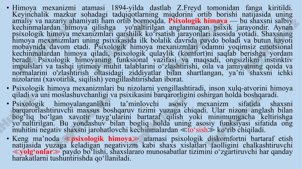 tsiyalarini ushlab turish uchun rivojlanadi. ularning paydo bolishi o‘zini ijobiy idrok qilish uchun noma’qul shuningdek, agressorga bogliq bolib qoladi. qo’rquv real stimulni unutish oqibatida qorquvni keltirib chiqaruvchi, shuningdek, u bilan bogliq bolgan assotsiativ obyektlar, faktlar vaziyatlarning barchasi yigiladi. regressiya. muammoli vaziyatda avvalgi yoki bolalikdagi istak va harakatlarni qoniqish shakliga qaytishdir. regressiya qisman toliq yoki simvolik bolishi mumkin. muammoni yordam sorash oqibatida hal qilish ≪regressiya≫ sinfiga shuningdek, ≪harakat faolligi≫ mexanizmiga kiradi. shuningdek, xavotirlanishni kamayishini talab qilish mumkin bolmagan istak orqali kelib chiqqan. regressiv xulq-atvor ko‘p hollarda kattalar tomonidan taqdirlanadi hamda simbiotik emotsional munosabatlarni talab qiladi. proyeksiya — bu individ o‘zining ongli darajasida rad qiluvchi fikr, tuyg‘u, motiv va istaklarni boshqa shaxs yoki obyektga otkazish mexanizmi. mexanizm o‘zini va atrofdagilarni ular tomonidan emotsional rad etilishi sifatida qabul qilmaslik tuyg‘usini ushlab turish uchun rivojlanadi. proyeksiya o‘zini qabul qilmaslik qorquvi bilan kurashishni uddalay olish uchun boshqalarning rad etuvchi harakatiga nisbatan chaqirilgan. proyeksiya atrofdagilarga ularni …
