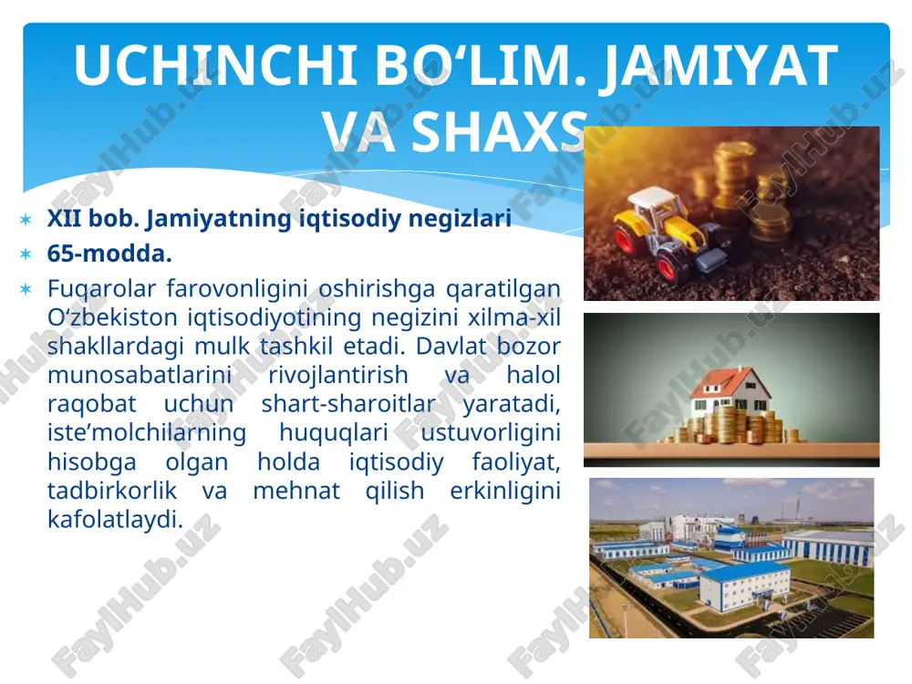 iy majlisiga tegishlidir. 149-modda. o‘zbekiston respublikasining pul birligi so‘mdir. so‘m o‘zbekiston respublikasining butun hududida yagona cheklanmagan qonuniy to‘lov vositasidir. o‘zbekiston respublikasi markaziy banki o‘zbekiston respublikasining hududida qonuniy to‘lov vositalari sifatida pul belgilarini muomalaga kiritishda va ularni muomaladan chiqarishda mutlaq huquqqa egadir. 150-modda. o‘zbekiston respublikasining bank tizimi o‘zbekiston respublikasi markaziy bankidan va banklardan iboratdir. o‘zbekiston respublikasi markaziy banki pul-kredit va valyuta siyosatini ishlab chiqadi hamda amalga oshiradi. 151-modda. o‘zbekiston respublikasi markaziy banki mamlakatda banklar faoliyatini tartibga solishni amalga oshiradi, bank va to‘lov tizimlarining barqaror faoliyat ko‘rsatishini ta’minlaydi. o‘zbekiston respublikasi markaziy banki o‘z vazifalarini bajarishda mustaqildir. o‘zbekiston respublikasi markaziy bankining faoliyatini tashkil etish tartibi qonun bilan belgilanadi. budjet kodeksi soliq kodeksi bojxona kodeksi kodekslar soliq.uz.