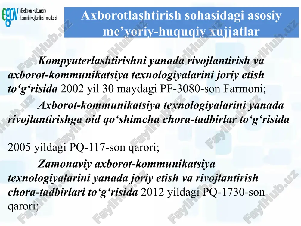 - boshqaruvga oydinlik kiritib davlat organlari boshqaruvini jamoatchilik tomonidan nazorat qilish imkoniyatini yaratadi; - jamoat jarayonlarini boshqarishning yangi mexanizmi yaratiladi. elektron xukumat tushunchasi asosan 1990 yillarda kelib chiqqan bo’lsada, asosan xozirgi vaqtlarda ko’p e’tibor berilmoqda. birinchilar qatorida ex yaratishda aqsh, angliya va shuningdek italiya, norvegiya, singapur, avstraliya, fransiya kabi davlatlar hisoblanadi. sovet ittifoqi davrida pribaltika davlatlari bo’lmish estoniya va latviya respublikalarida boshlangan. bu borada o’zbekistonda ilk qadamlar qo’yilgan desak yanglishmaymiz. ayniqsa, oxirgi yillarda bu sohada ancha ishlar qilindi. o’zbekiston xukumati tomonidan akt rivojlantirish va ex qo’llash natijasida bir nechta ma’muriy xujjatlar qabul qilindi. natijada yangi vertikal ijroiy xokimiyati barpo qilinib korxonalararo yaratilayotgan informatizatsiya jarayonini boshqaruv dasturini bajarilishini nazorat qilish markazi yaratildi. bu dasturni anchagina markaziy va maxalliy boshqaruv organlari ma’qullab, ko’pchiligi dasturning mustaqil strukturasiga ega bo’lib, ularga korxonalararo informatizatsiya jarayonini joriy qilishga javobgarligi yuklatildi. natijada davlat boshqaruv organlariga yangi texnologik boshqaruv usullari kirib keldi. o’zbekiston respublikasining hukumat portalining axborot resursi …