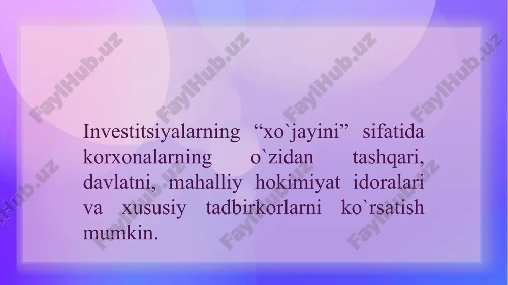 um dolor sit amet, consectetur adipisicing elit, sed do eiusmod tempor goal 04. investitsiyalarning iqtisodiy samaradorligini baholash zarurati, qo`shimcha kapital qo`yilmalar kiritilishini talab qiluvchi yangi qurilish, mavjud ishlab chiqarishni kengaytirish, qayta tiklash va texnik jihatdan qayta qurollantirish, ishlab chiqarishni zamonaviylashtirish va tashkiliy-texnik chora-tadbirlarni ishlab chiqish kabi barcha hollarda yuzaga keladi. ba`zan mahsulotlarning yangi turini ishlab chiqarish ham investitsiya va boshqa mablag’lar kiritilishini, demak, xarajat va natijalar nisbatini avvaldan baholashni talab qiladi. presentation template by thanks thanks report –jpppt.com theme -text logo https://www.freeppt7.com image21.png image22.png image23.png image9.png image10.svg image11.png image12.svg image13.png image14.svg image15.png image16.svg image17.png image18.svg image1.png image19.png image20.svg image2.svg image3.png image4.svg image5.png image6.svg image7.png image8.svg image24.png image33.png image34.svg image25.png image26.svg image27.png image28.svg image29.png image30.svg image31.png image32.svg image35.png image36.svg .msftofcthm_background1_fill { fill:#ffffff; }