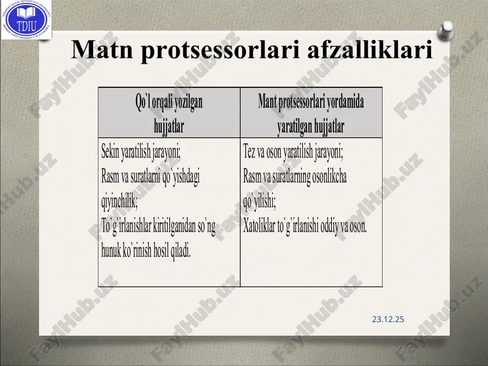lash jarayonlarini tezlashtirish uchun; bir nechta buyruqlarni birlashtirish uchun masalan, ma'lum kattalikdagi va chegaralardan hamda aniq sondagi satrlar va ustunlardan iborat jadval tuzishda; muloqot oynalari parametrlariga kirishni soddalashtirish uchun; masalalardagi ketma-ket kelgan murakkab xarakatlarni avtomatlashtirish uchun. sahifa titullari smartart tarkibi * retsenzirivat menyusi. yozuvlarni to’g’ri yozish, himoya qo’yish, tarjima qilish kabi vazifalarni bajaradi. * hujjatga himoya qo’yish. * ssilki menyusi ko’rinishi. * nazorat savollari microsoft word dasturi ishchi oynasi vazifalarini aytib bering. asosiy menyu qatoriga nimalar kiradi? microsoft word dasturida makroslar bilan ishlash qanday amalga oshiriladi? smart art, word art vazifalarini aytib bering. qanday matn muxarriri turlari mavjud aytib bering. giperbog`lanish qanday amalga oshirishni tushintirib bering. word adpda hujjatdagi so`zni qidirib, o`zgartirish vazifasi qanday amalga oshiriladi? hujjatni chop etish qanday amalga oshiriladi? * * * qo`l orqali yozilgan hujjatlar mant protsessorlari yordamida yaratilgan hujjatlar sekin yaratilish jarayoni; rasm va suratlarni qo`yishdagi qiyinchilik; to`g`irlanishlar kiritilganidan s o`ng hunuk ko`rinish hosil qiladi. …