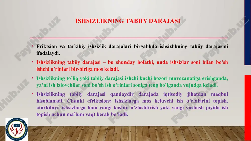 li yashash joylarida ishni boshqa topish imkoniyati bo’lmaydi. mehnatga layoqatli katta yoshdagi aholiga nafaqa olishi uchun uzluksiz ish staji juda muhim. ishsizlik bo’yicha nafaqa, hatto uni olishga erishilsa ham ish haqidan yo’qotishlarni qoplamaydi. xodilarning hayolida ko’pincha bandlikning barqarorligi kabi omil o’rnashib oladi. ko’plab insonlar hufyona iqtisodiyot sohasida, shuningdek shaxsiy tomorqa xo’jaligida ishlab pul topsalar ham to’liqsiz bandlikni afzal ko’rgan holda asosiy ish joyi bilan aloqani uzmaydilar. 3. ishsizlik oqibatlari barcha ishsizlik ko’rinishlarining darajalari birgalikda ishsizlikning haqiqiy darajasini ifodalaydi. tabiiy ishsizlik darajasi -real va potensial yalpi milliy mahsulotning o`sishi bir-biriga mos keladigan iqtisodiy rivojlanish davri oraliqlariga xos bo`lgan ishsizlik darajasi. ishsizlik darajasi ishsizlarning ishchi kuchi tarkibidagi foizi sifatida hisoblanadi. ishsizlar soni ishsizlik darajasi = --------------------- * 100 % ishchi kuchi ishchi kuchiga ishlay oladigan va ishlashni hohlagan barcha kishilar kiradi. ishchi kuchi – ishlovchilar va faol ish izlovchilardan iborat bo’ladi. boshqacha aytganda, band bo’lganlar va ishsizlar ishchi kuchini tashkil qiladi. ishsizlarga …
