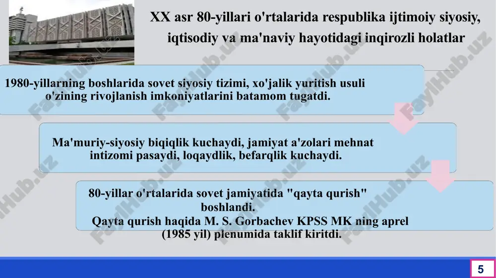 o'zbekistonga qaytarib, minglabishlarni qayta o'rgandi. o'zoq davom etgan mashaqqatli kurash natijasida, 2940 kishining haq- huquqi qayta tiklandi, 1015 kishi asossiz sudlangani aniqlandi. noqonuniy ravishda hibsga olingan vatandoshlarimiz ozodlikka chiqdi. 13 o’zbekistonda prezidentlik boshqaruvining shakllanishi 1990 yil 23 martda o’zbekiston ssr prezidenti lavozimini ta’sis etish, o’zbekiston ssr konstitutsiyasiga o’zgartirishlar kiritish to’g’risida qonun qabul qilindi 1990 yil 24 martda 12 chaqiriq o’zbekiston ssr oliy sovetining 1-sessiyasi respublika kompartiyasi 1- kotibi bo’lgan i.a.karimovni o’zbekiston ssrning 1-prezidenti etib sayladi 14 mustaqillik sari qo'yilgan eng muhim siyosiy, huquqiy qadamlardan biri bu 1990 yil 20 iyundagi o'zbekiston ssr oliy sovetining ikkinchi sessiyasida qabul qilingan mustaqillik deklarasiyasining qabul qilinishi bo'ldi. deklarasiyada shunday deyiladi: o'zbekiston sovet sosialistik respublikasi oliy soveti: – o'zbek xalqining davlat qurilishidagi tarixiy tajribasi va tarkib topgan boy an'analari, – har bir millatning o'z taqdirini o'zi belgilash huquqini ta'minlashdan iborat oliy maqsad haqi, – har bir kishining farovon hayot kechirishini ta'minlashni oliy maqsad deb bilgan …