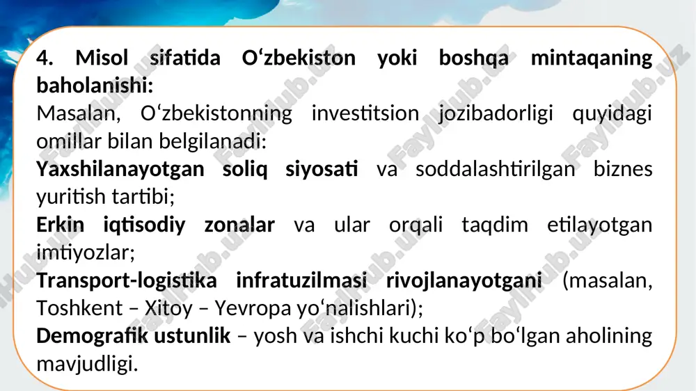 omi, shuningdek uning qancha muddatga tashkil etilishi mazkur zonani tashkil etish to'g'risidagi qaror bilan belgilanadi. eizning chegaralari o'zbekiston respublikasi vazirlar mahkamasi tomonidan belgilanadi. eizning faoliyat ko'rsatish muddatini uzaytirish belgilangan muddat tugashidan kamida uch yil oldin o'zbekiston respublikasi prezidentining qarori bilan amalga oshiriladi. eiz ning o'ziga xos jihatlari erkin iqtisodiy zonalarda alohida bojxona, valyuta, soliq tartiboti, shuningdek fuqarolar kirishi, chiqishi va bu erda bo'lishining, mehnat munosabatlari, moliya-kredit faoliyatining alohida tartiboti hamda investitsiyalarni jalb etishga, tadbirkorlikni rivojlantirishni rag'batlantirishga va zonani ijtimoiy-iqtisodiy rivojlantirishga qaratilgan boshqacha tartibot o'rnatilishi mumkin. erkin iqtisodiy zonadagi korxonalar, muassasalar va tashkilotlarda ishlash uchun eng avvalo mahalliy mehnat resurslari jalb etiladi, shuningdek o'zbekiston respublikasining boshqa mintaqalarida yashovchi shaxslar va chet el fuqarolari ham jalb etilishi mumkin. erkin iqtisodiy zonaga mehnat resurslarini jalb etish qonun hujjatlariga muvofiq amalga oshiriladi. erkin iqtisodiy zonaga chet el fuqarolari va fuqaroligi bo'lmagan shaxslarning kirishi, iqtisodiy zonadan chiqishi va shu hududda bo'lishining qonun hujjatlarida belgilab qo'yiladigan …