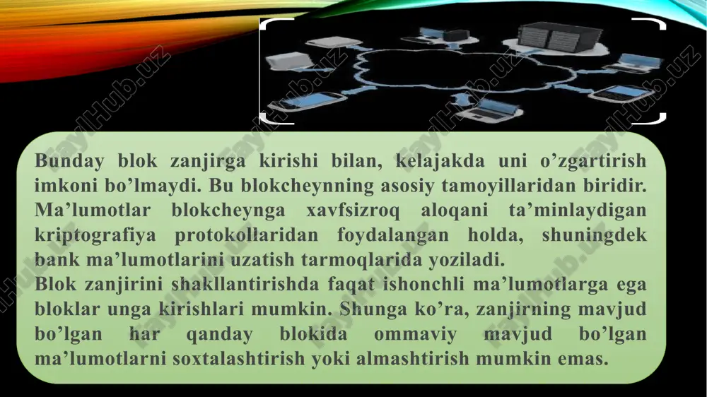 iyatini ochib beradi - bu haqiqatan ham markazlashtirilmagan almashish iqtisodiyotiga olib keladi. 3. kraudfanding kraudfanding - bu boshqa odamlar yoki tashkilotlarning sa’y-harakatlarini qo’llab-quvvatlash uchun o’z mablag’lari yoki boshqa manbalarini, odatda internet orqali, ixtiyoriy ravishda birgalikda yig’adigan odamlarning jamoaviy hamkorligi. kraudfanding tashabbusi rivojlanayotgan bozor iqtisodiyotini rivojlantirishga qaratilgan. odamlar mahsulot ishlab chiqarishda bevosita ishtirok etishni xohlashadi. blokcheyn bu qiziqishni yangi darajaga ko’taradi, kraudsordingli venchur fondlarini yaratishi mumkin. boshqaruv yetkazib berish zanjiri auditi fayl saqlash buyumlar interneti (iot) intellektual mulkni himoya qilish shaxs aniqlashni (identifikatsiya) boshqarish ma’lumotlarni boshqarish yerga egalik huquqini ro’yxatdan o’tkazish aksiyalar savdosi blokcheynning afzalliklari va kamchiliklari afzalliklari kamchiliklari markazsizlashtirish - tarmoq a’zolari bir-biriga teng bo’lib, to’g’ridan-to’g’ri ma’lumot almashishlari mumkin miqyoslilik – agar bitcoin blokcheyn visa tranzaktsiyalarining ulushini hisobga oladigan bo’lsa, unda uning hajmi yuzlab terabaytlarga yetadi ishonchlilik - maxsus shifrlangan kalitlardan foydalanilganligi sababli ma’lumotlarni almashtirish va xakerlarning hujumlari chiqarib tashlanadi firibgarlik - blokcheyn ma’lumotlarini qaytarib bo’lmaydi. shu sababli, operatsiya hatto …