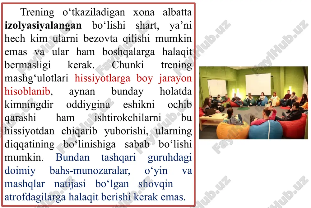 mashg‘uloti davomida trener guruhiy qoidalarni ishlab chiqib, ishtirokchilar bilan trening qoidalariga rioya qilish va har bir a’zoning bildirgan fikrlarini e’tiborga olishi muhimdir. bu qoidalarga rioya qilish treningni samarali chiqishini, ya’ni maqsadga erishishi va qulay psixologik muhitning yaratilishi uchun muhim ahamiyatga ega. 17 treningni tayyorlashga ikki xil yondashuvni ajratish mumkin. bir variantda, trening modeli dastlab ishlab chiqilayotgan muammolarning xususiyatlariga muvofiq belgilanadi, dastur ishlab chiqiladi va buning uchun tegishli guruh jalb qilinadi. ijtimoiy psixologik treningda, qoida tariqasida, dastur atroflicha tuzilgan va aniq yo‘naltirilgan (masalan, kommunikativ kompetensiyani rivojlantirish bo‘yicha mashg‘ulotlar, shaxsiy o‘sish bo‘yicha mashg‘ulotlar, ahillikka o‘rgatish va h.k.), bu psixologdan ishlab chiqilayotgan sohaning o‘ziga xos jihatlari va muammolarini hal etishda malakasini oshirishni talab qiladi. 18 boshqa bir variantda, avval mavjud bo‘lgan ijtimoiy yoki professional guruhning muammolari aniqlanadi va ularga muvofiq tegishli treninglar rejalashtiriladi hamda tashkillashtiriladi. bunday holda, trening quyidagicha bo‘lishi mumkin. yo‘llanma: ko‘rsatilgan muammo bilan ishlash. u muammoning ta'rifi va uning sabablarini qidirishni, …