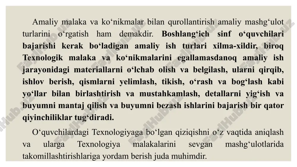 sh tuzish. gazlama va tolali materiallar bilan ishlash (5 soat) tikuvchilikda ishlatiladigan asboblar. gazlama bilan ishlash, to‘g‘ri chok tikishni o‘rganish. to‘g‘ri chok turlaridan foydalanib, quyosh tasvirini tikish. gazlama bilan ishlash. 2 teshikli tugmachani tikish. plastilin va loy ishi (3 soat) loy yoki plastilindan ishlash qoidalari haqida tushuncha. plastilindan turli haykalchalar, jo‘ja shaklini yasash. pazandachilikda ishlatiladigan xomashyolar, asbob-uskunalar haqida suhbat (plastilindan tort, pishiriqlar shaklini yasash) . turli materiallar bilan ishlash (4 soat) “oltin kuz” mavzusida gerbariy tayyorlash. bahorgi dala ishlari. maktab er uchastkasidagi gullarni parvarishlash. badiiy qurish-yasash (8 soat) tabiiy va turli materiallardan o‘yinchoqlar, parranda yoki hayvonlar shakllarini qurish-yasash. hokandoz, rangli qog‘ozdan qirqilgan geometrik shakllarni bir-biriga elimlash, qog‘ozni buklash va elimlash orqali o‘yinchoqlarni, turli maketlar va uchuvchi planer qurish-yasash. 2-sinf qog‘oz va karton bilan ishlash (13 soat) qog‘ozlarni buklash usullari, rangli qog‘ozlardan turli gullar shaklini yasash. qog‘ozni qirqish va buklash orqali dekorativ gullar, kitobcha uchun muqova tayyorlash. rangli qog‘ozlardan archa bezaklarini …