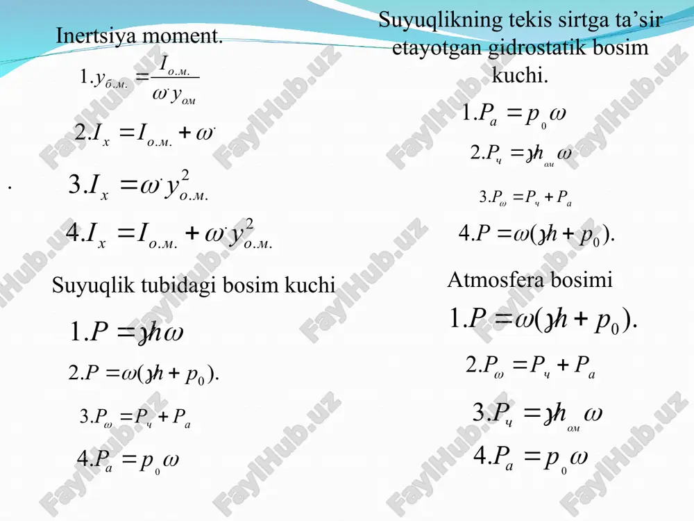 uchning 0x va 0y o’qlari bo’yicha yo’nalgan px va py, hamda 0z o’q bo’yicha yo’nalgan pz tashkil etuvchilari nolga teng emas: o’qlar yo’nalishi va p yo’nalishlari bilan hosil bo’lgan burchaklar bilan aniqlanadi. bu burchaklar kosinuslari quyidagi munosabatlar bilan aniqlanadi. masala. silindr shaklidagi abc egri sirtga ta’sir etayotgan gbk ning gorizantal va vertikal tashkil etuvchilarini epyuralarini quring hamda gbk ni aniqlang. bosim markazini aniqlang. silindr radiusi r = 1.2 m, uzunligi l = 2.0 m, a nuqta suv sathidan h = 0.7 m, chuqurlikda (γ = 10 kn/m3). yechish: gbk ning gorizantal tashkil etuvchisini aniqlash uchun egri sirtni vertikal proektsiyasida bosim epyurasini chizamiz gorizantal tashkil etuvchi fx bosim tanasi hajmiga teng vertikal tashkil etuvchi fz ni aniqlaymiz. egri sirtga ta’sir etayotgan gbk ni aniqlaymiz gorizontal tekislik bilan tashkil etgan burchagini aniqlaymiz mashinasozlik amaliyotida ko‘pgina hollarda, bosimni uzatishda suyuqliklardan foydalaniladi. bunday printsipda ishlatiladigan uskunalar – gidravlik mashinalar deyiladi. gidravlik presslar, multiplikatorlar, gidravlik …